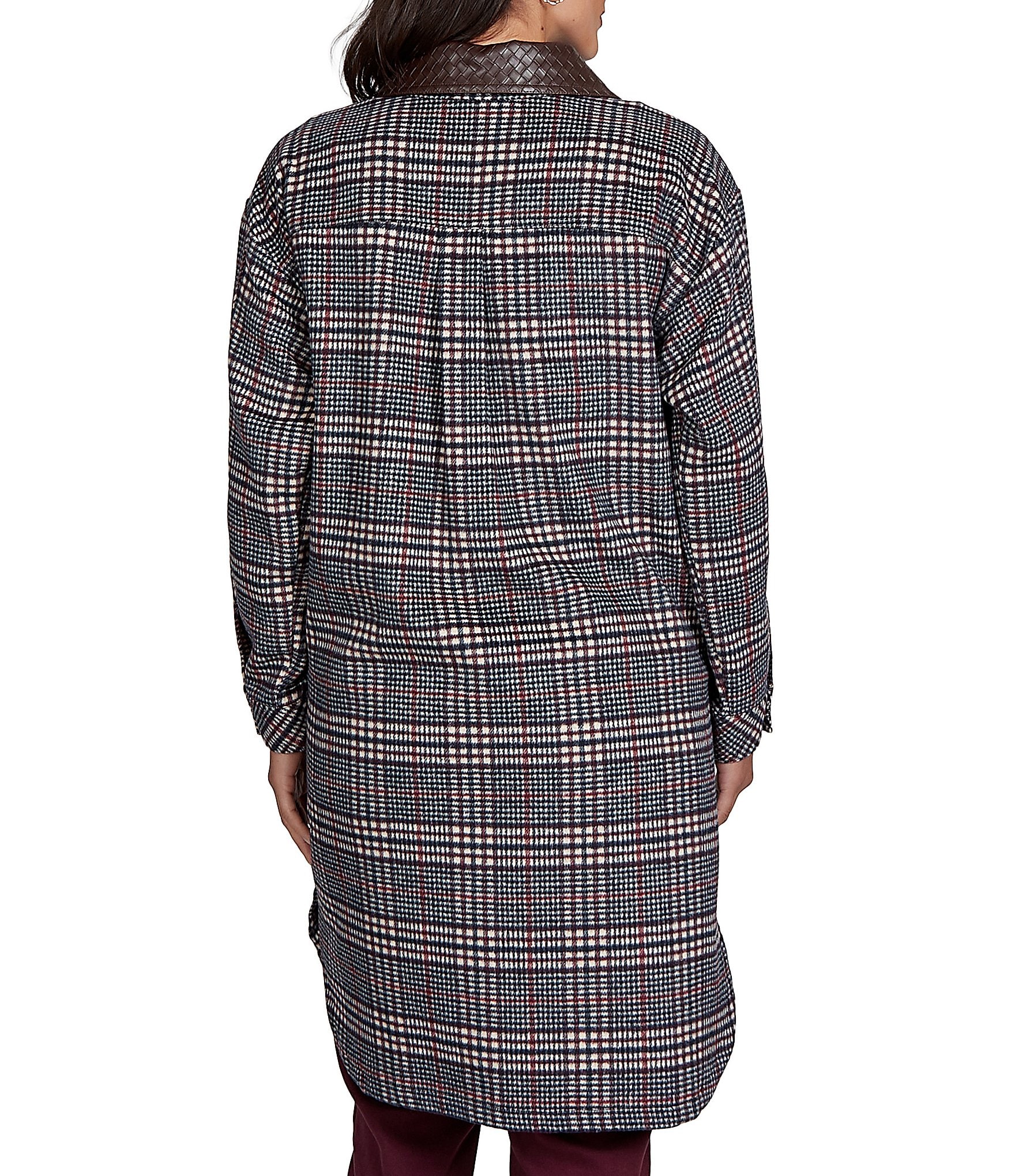 Ruby Rd. Petite Size Basket Weave Brushed Plaid Faux Leather Collar Long Sleeve Button Front Jacket