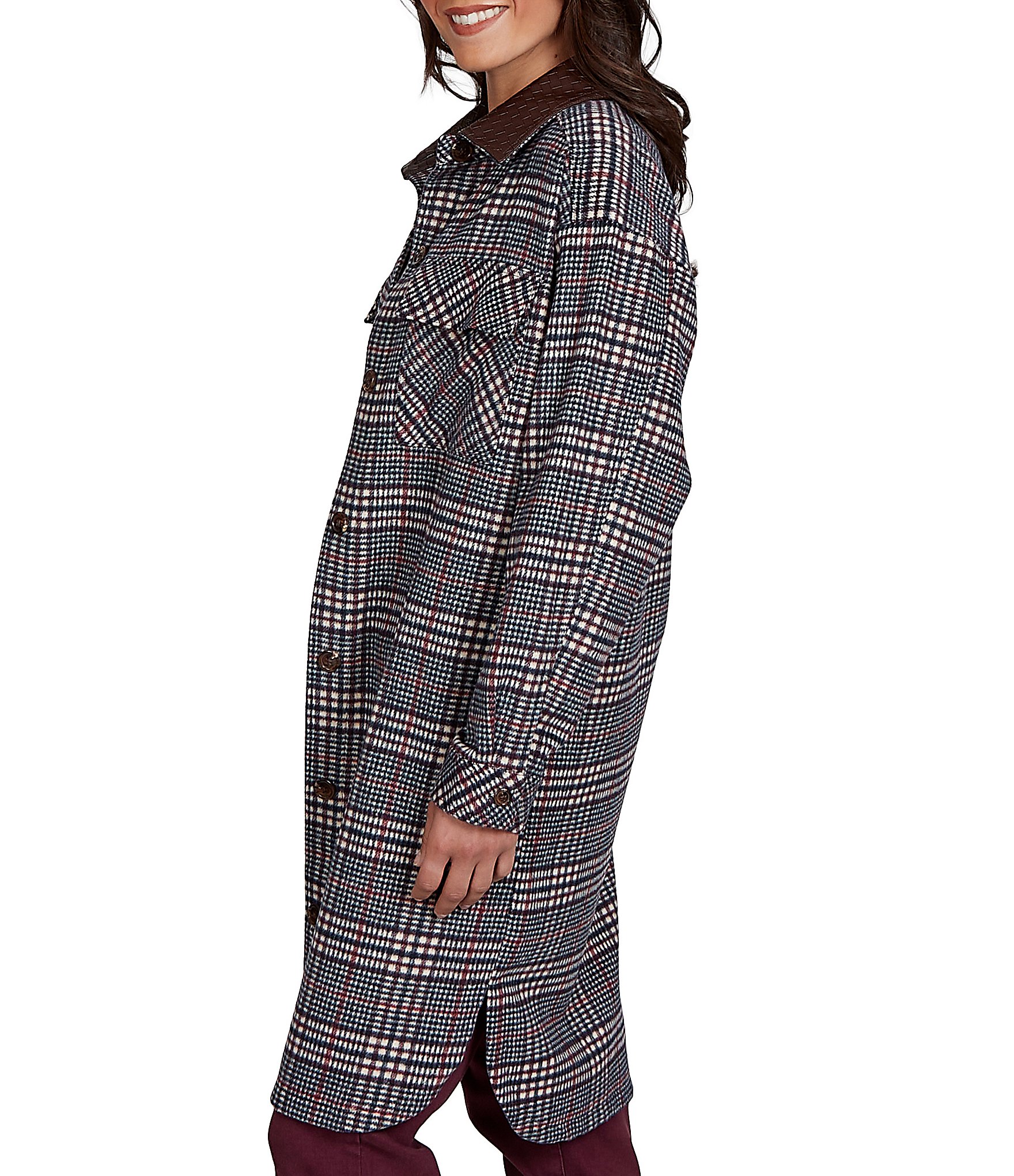 Ruby Rd. Petite Size Basket Weave Brushed Plaid Faux Leather Collar Long Sleeve Button Front Jacket
