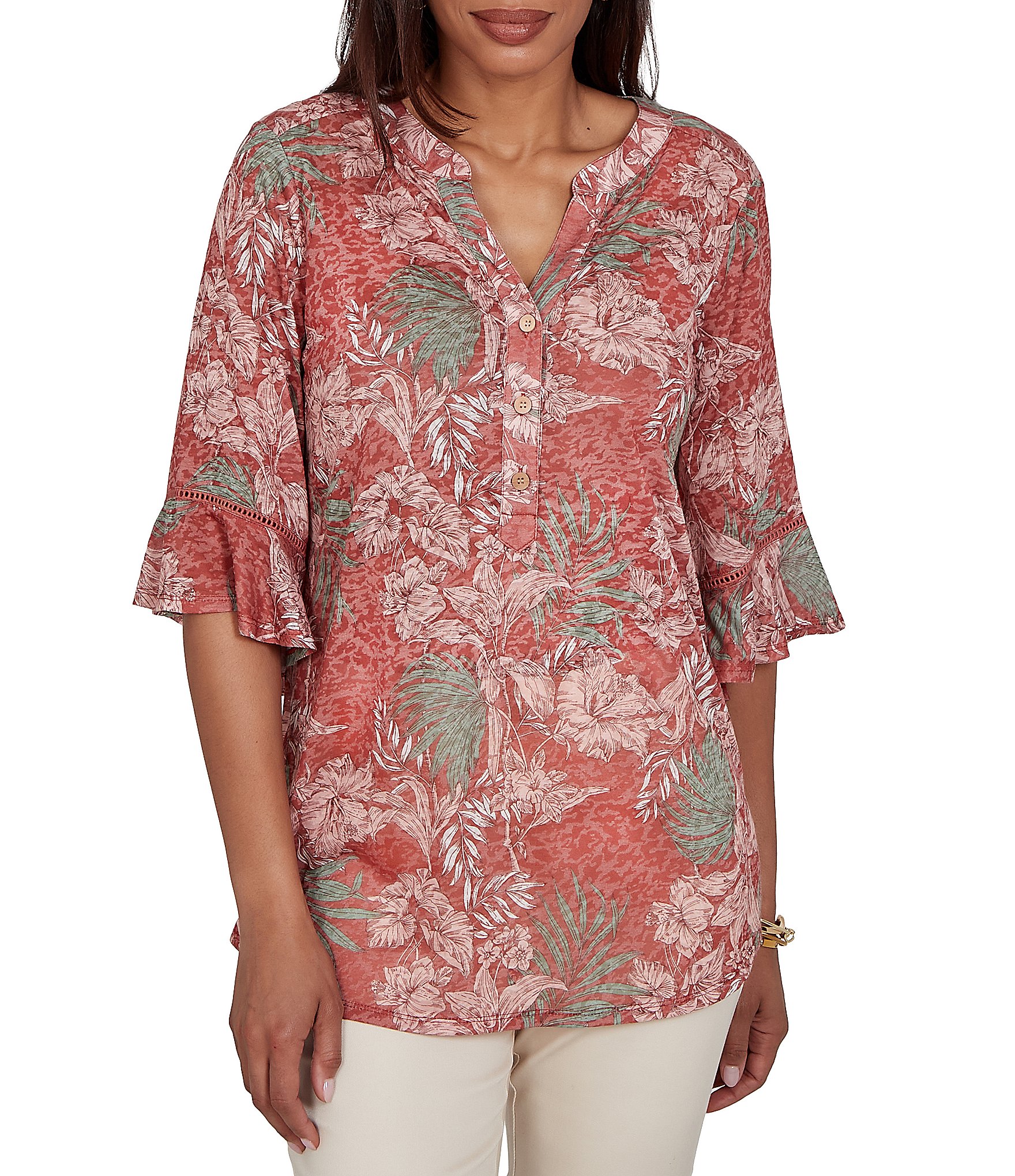 Ruby Rd. Petite Size Burnout Jersey Tropical Floral Henley Collar Elbow Length Flutter Sleeve Top