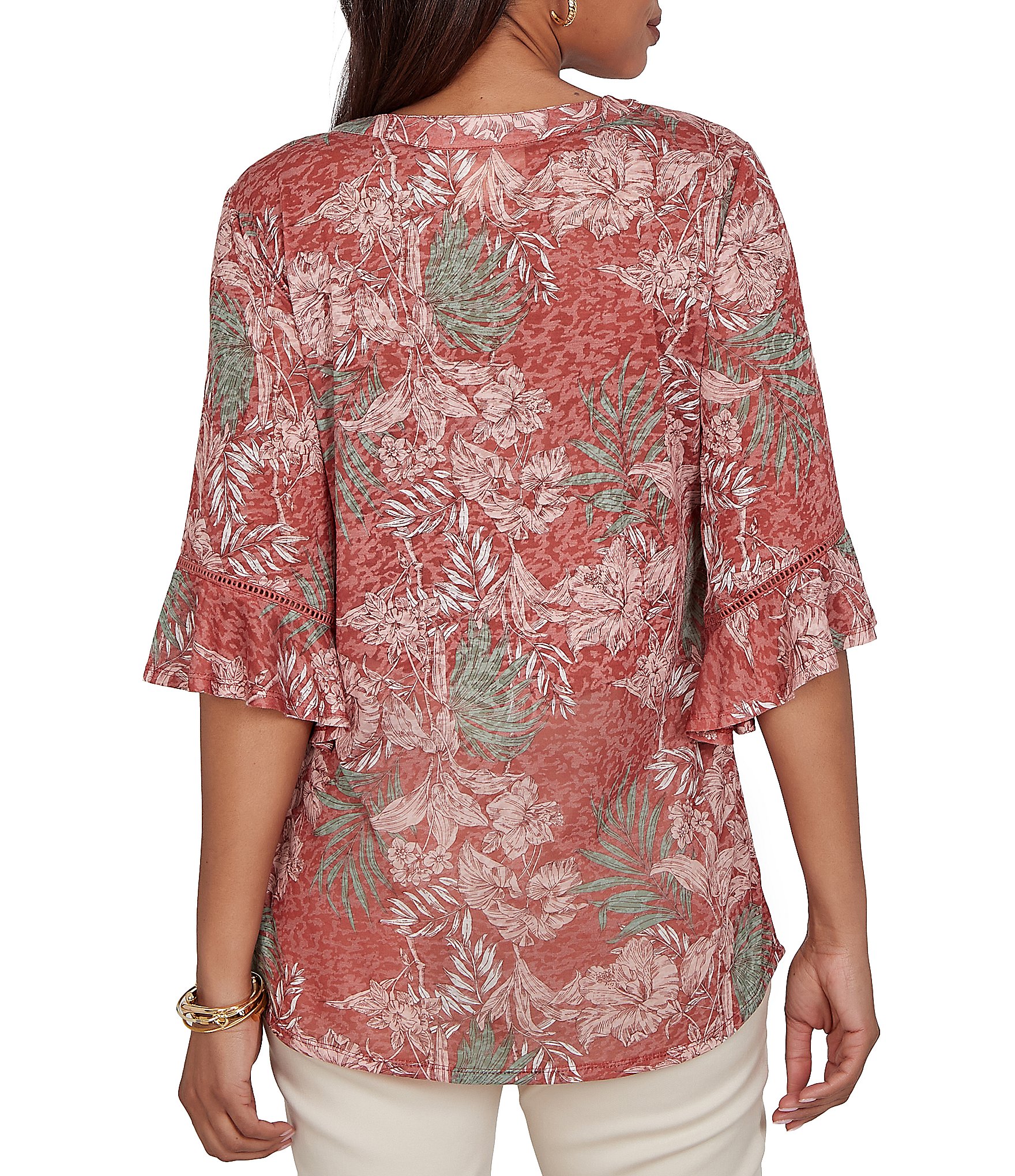 Ruby Rd. Petite Size Burnout Jersey Tropical Floral Henley Collar Elbow Length Flutter Sleeve Top