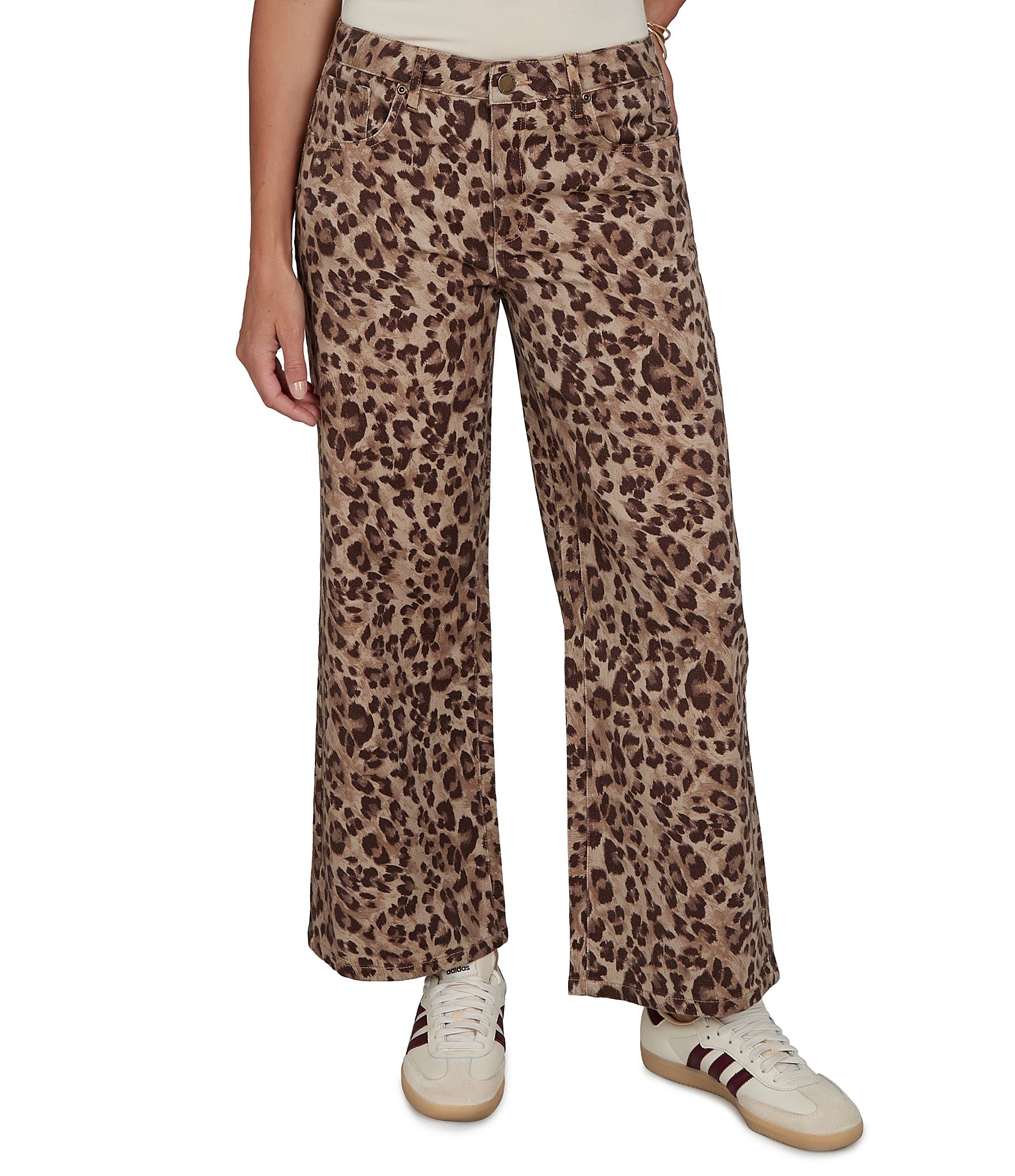 Ruby Rd. Petite Size Coordinating Stretch Denim Cheetah Print Wide Leg Pants