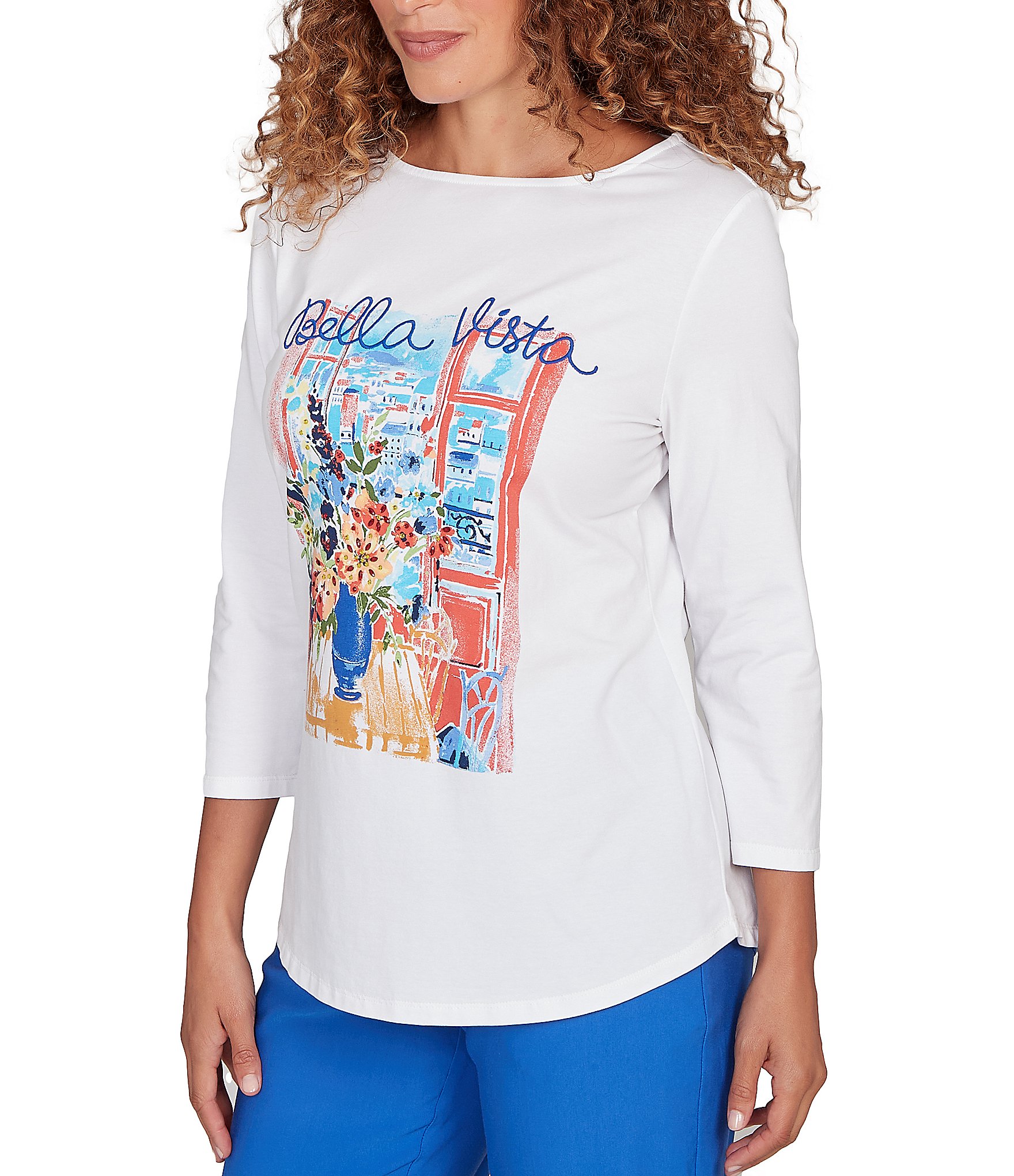 Ruby Rd. Petite Size Cotton Jersey Bella Vista Crew Neck 3/4 Sleeve Tee