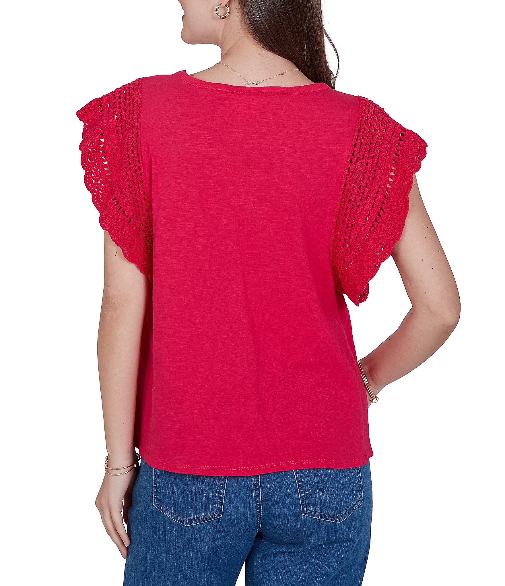 Ruby Rd. Petite Size Cotton Slub Jersey Knit Solid Scoop Neck Crochet Trim Sleeve Top
