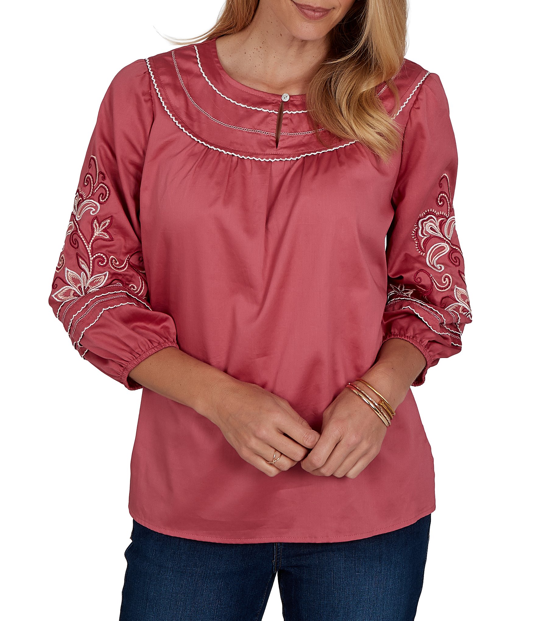 Ruby Rd. Petite Size Cotton Voile Embroidered Round Neck 3/4 Sleeve Top