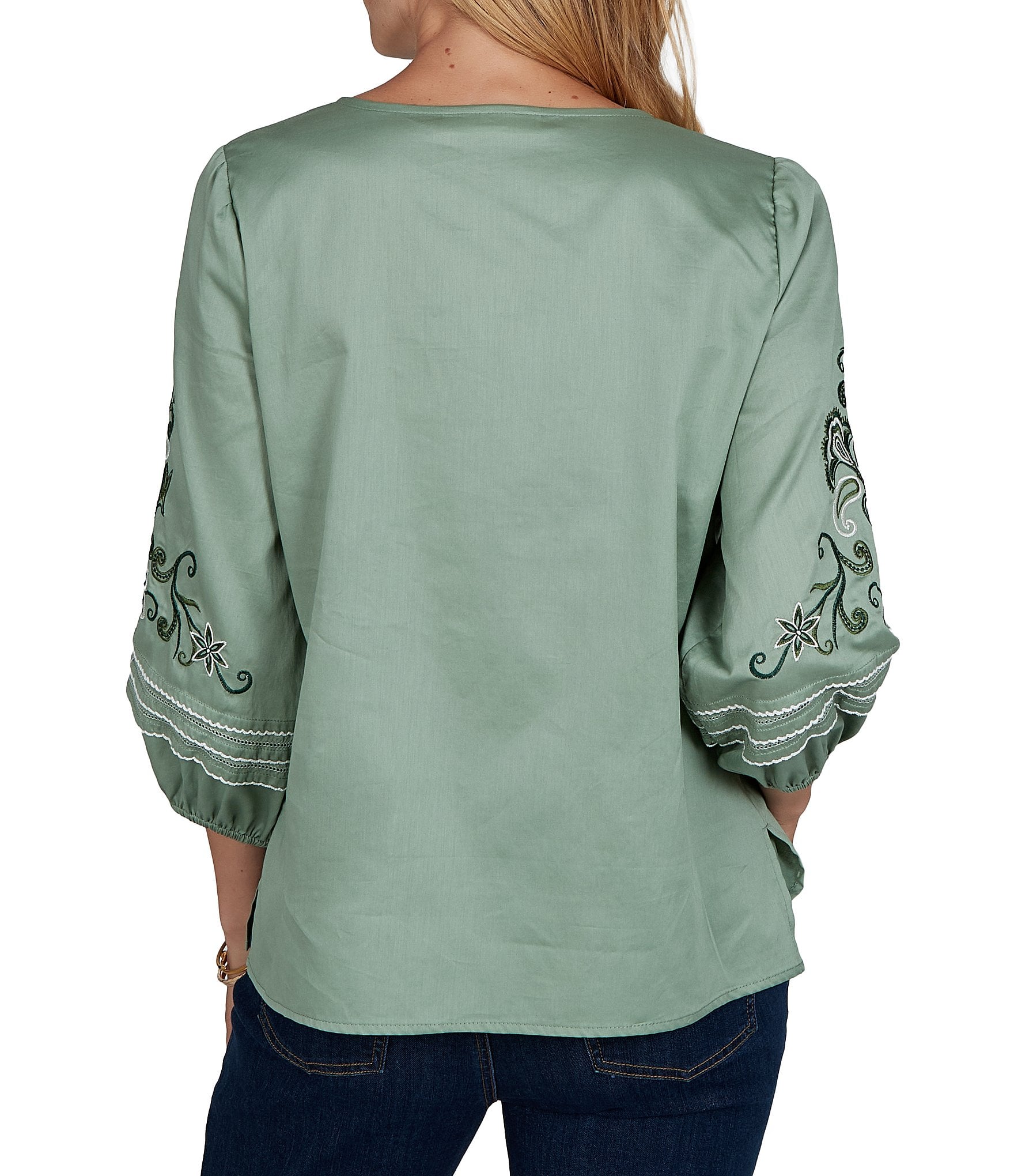 Ruby Rd. Petite Size Cotton Voile Embroidered Round Neck 3/4 Sleeve Top