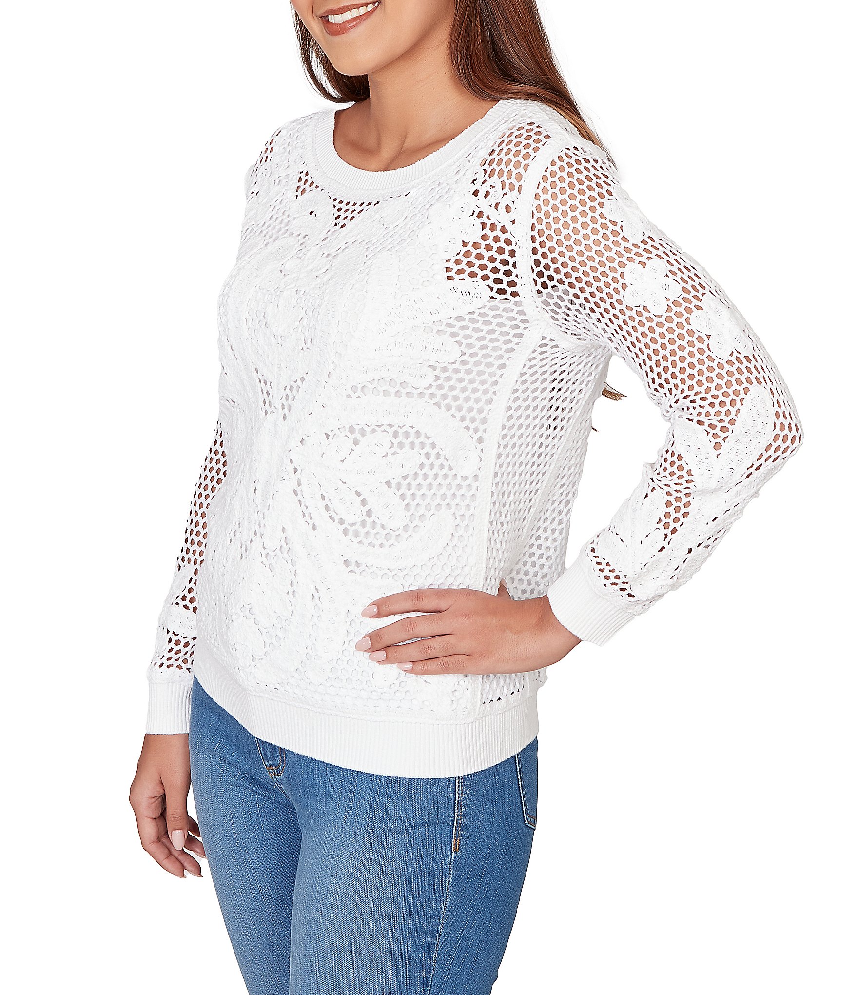 Ruby Rd. Petite Size Crocheted Overlay Inner Tank Scoop Neck Long Sleeve Sweater