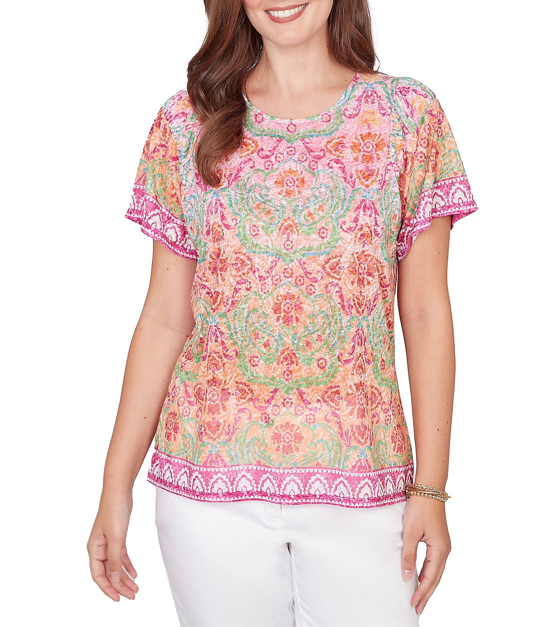 Ruby Rd. Petite Size Damask Floral Scoop Neck Short Sleeve Knit Tee Top