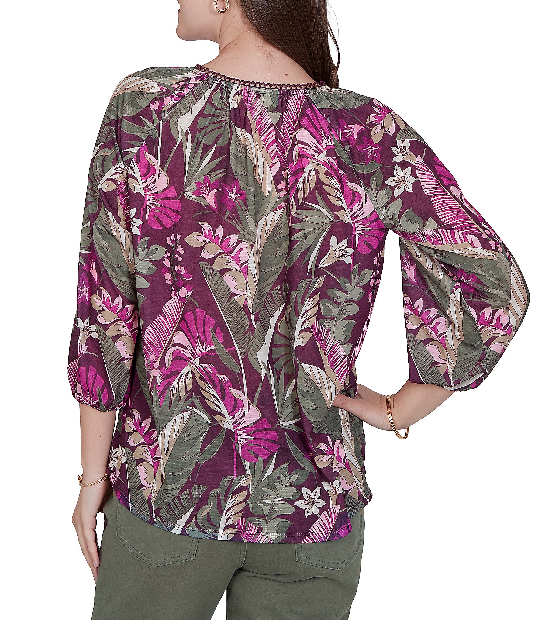 Ruby Rd. Petite Size Desertwillow Slub Knit Split V-Neck 3/4 Cuffed Sleeve Tassel Tie Top