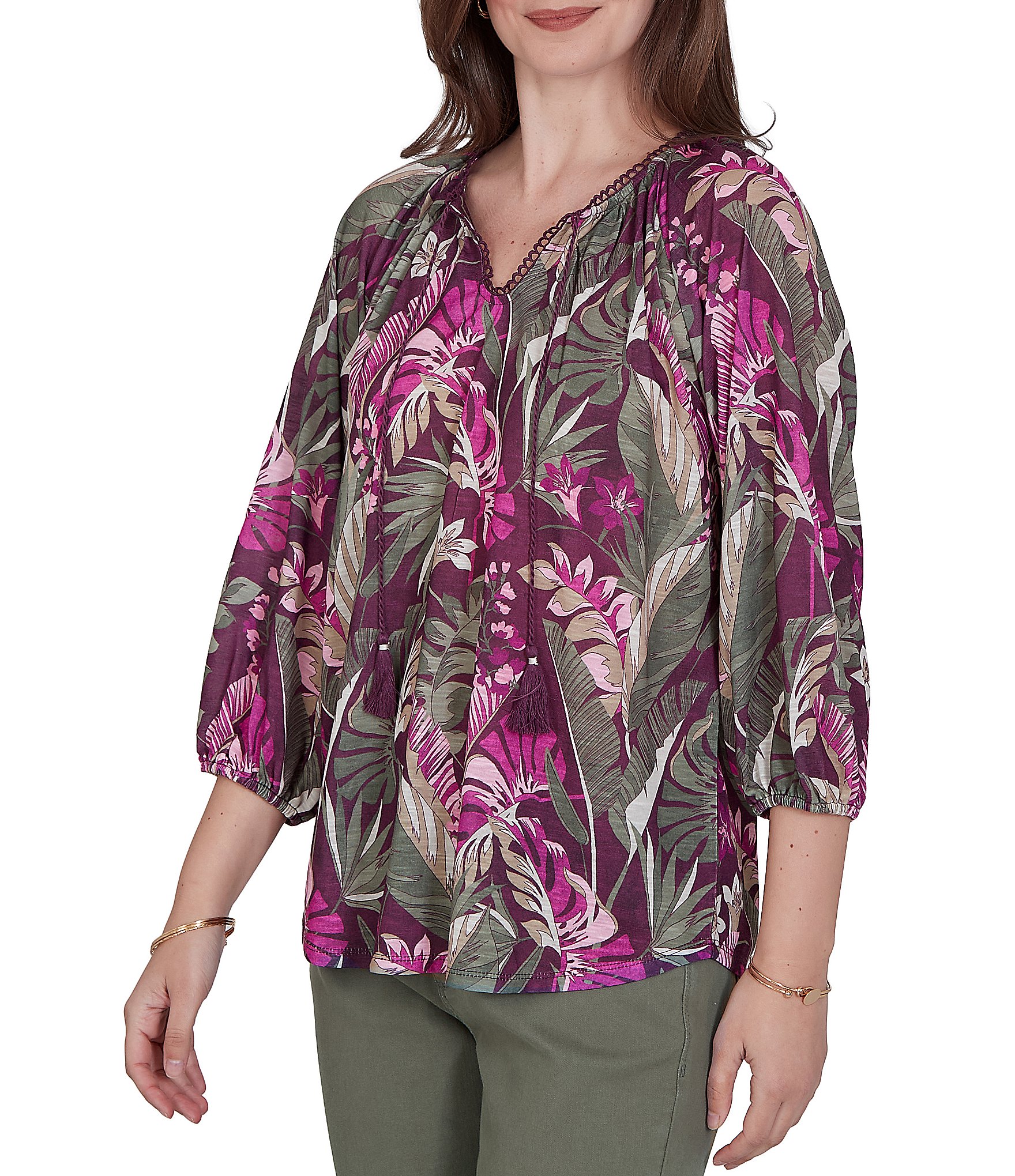 Ruby Rd. Petite Size Desertwillow Slub Knit Split V-Neck 3/4 Cuffed Sleeve Tassel Tie Top