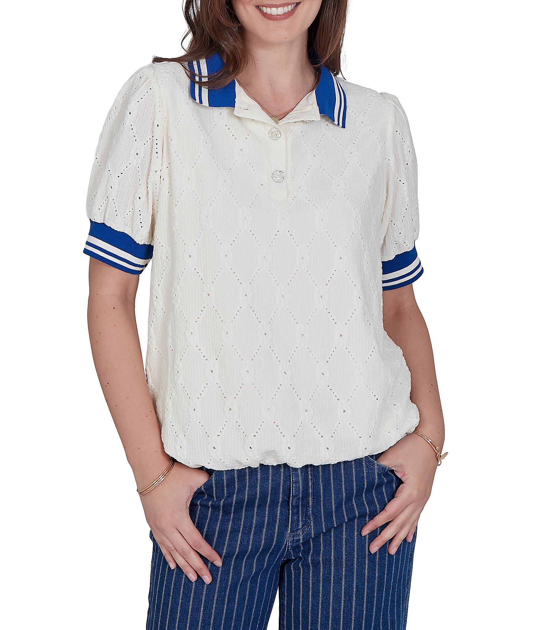 Ruby Rd. Petite Size Diamond Eyelet Textured Polo Collar Elbow Length Contrast Trim Top