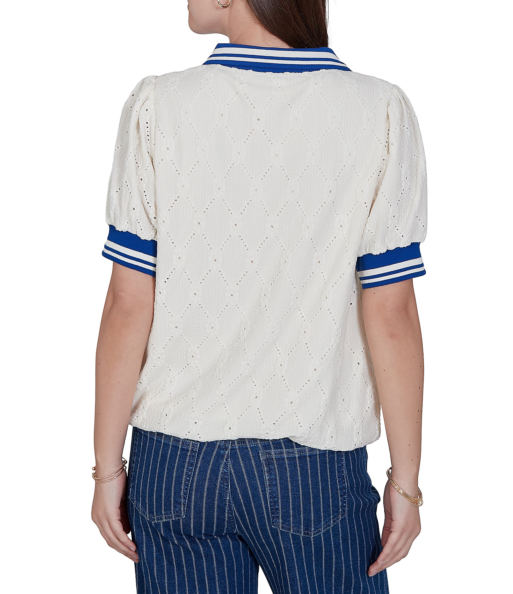 Ruby Rd. Petite Size Diamond Eyelet Textured Polo Collar Elbow Length Contrast Trim Top