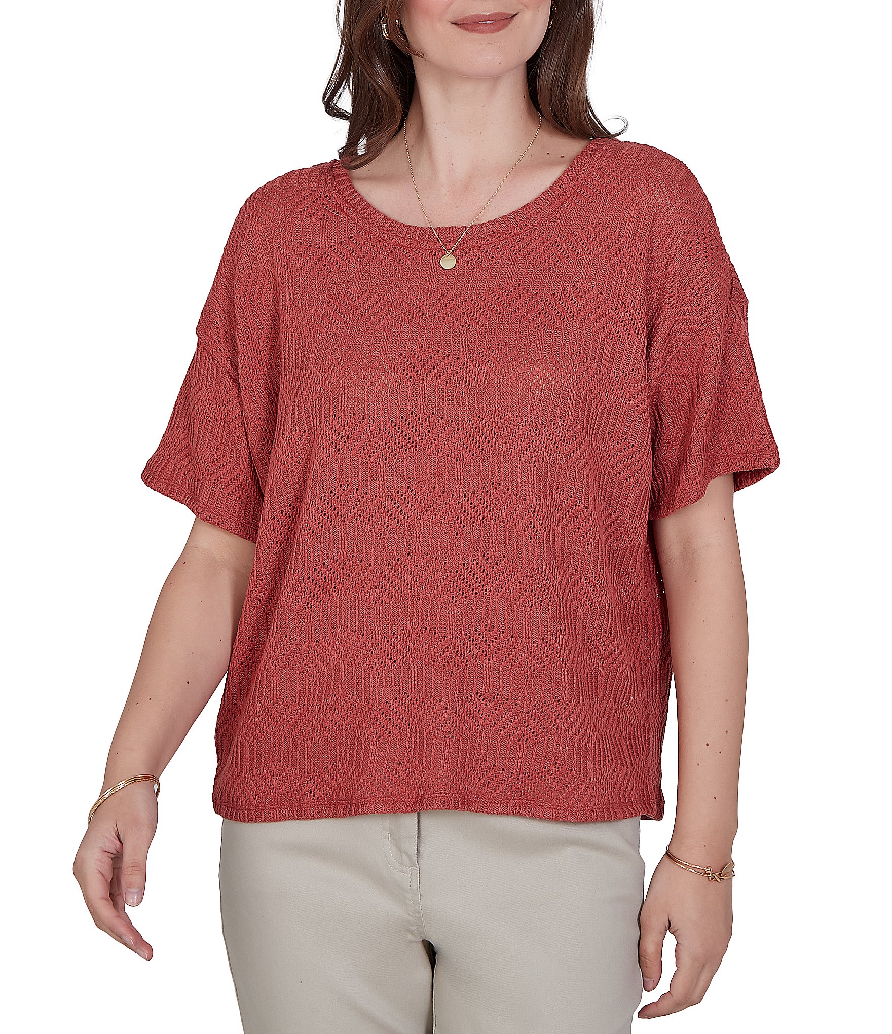 Ruby Rd. Petite Size Diamond Textured Knit Scoop Neck Elbow Length Sleeve Top