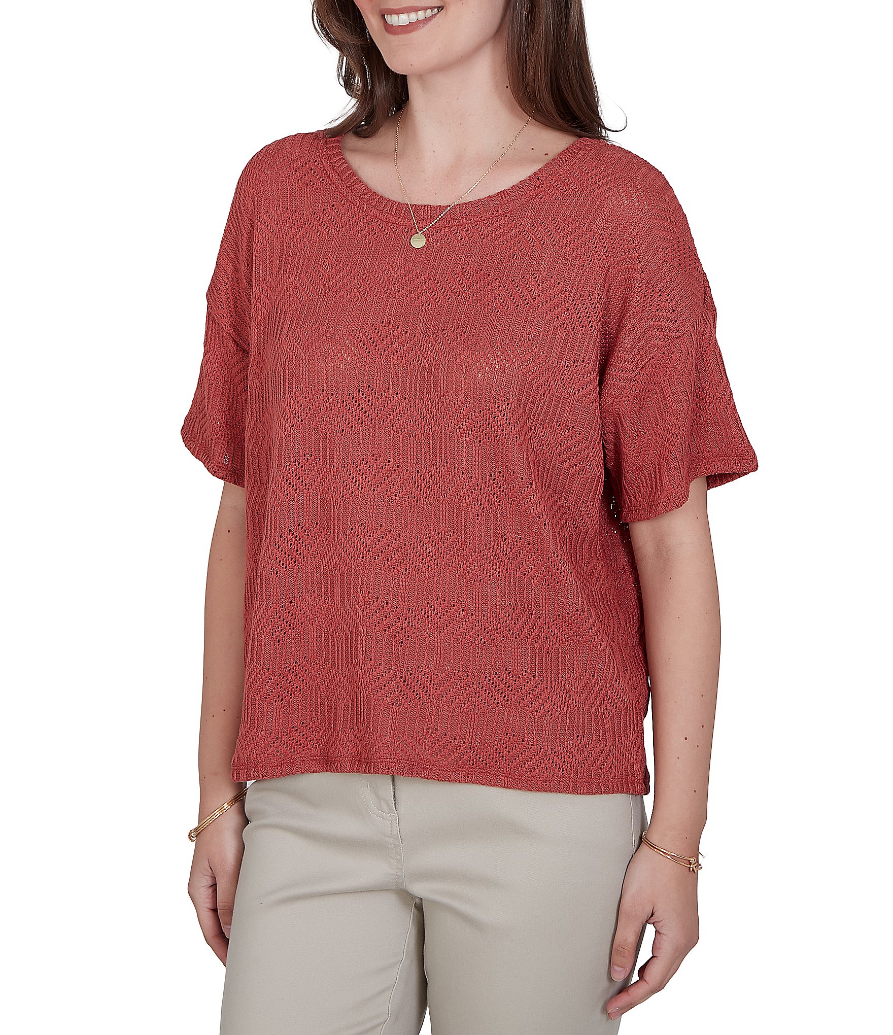 Ruby Rd. Petite Size Diamond Textured Knit Scoop Neck Elbow Length Sleeve Top