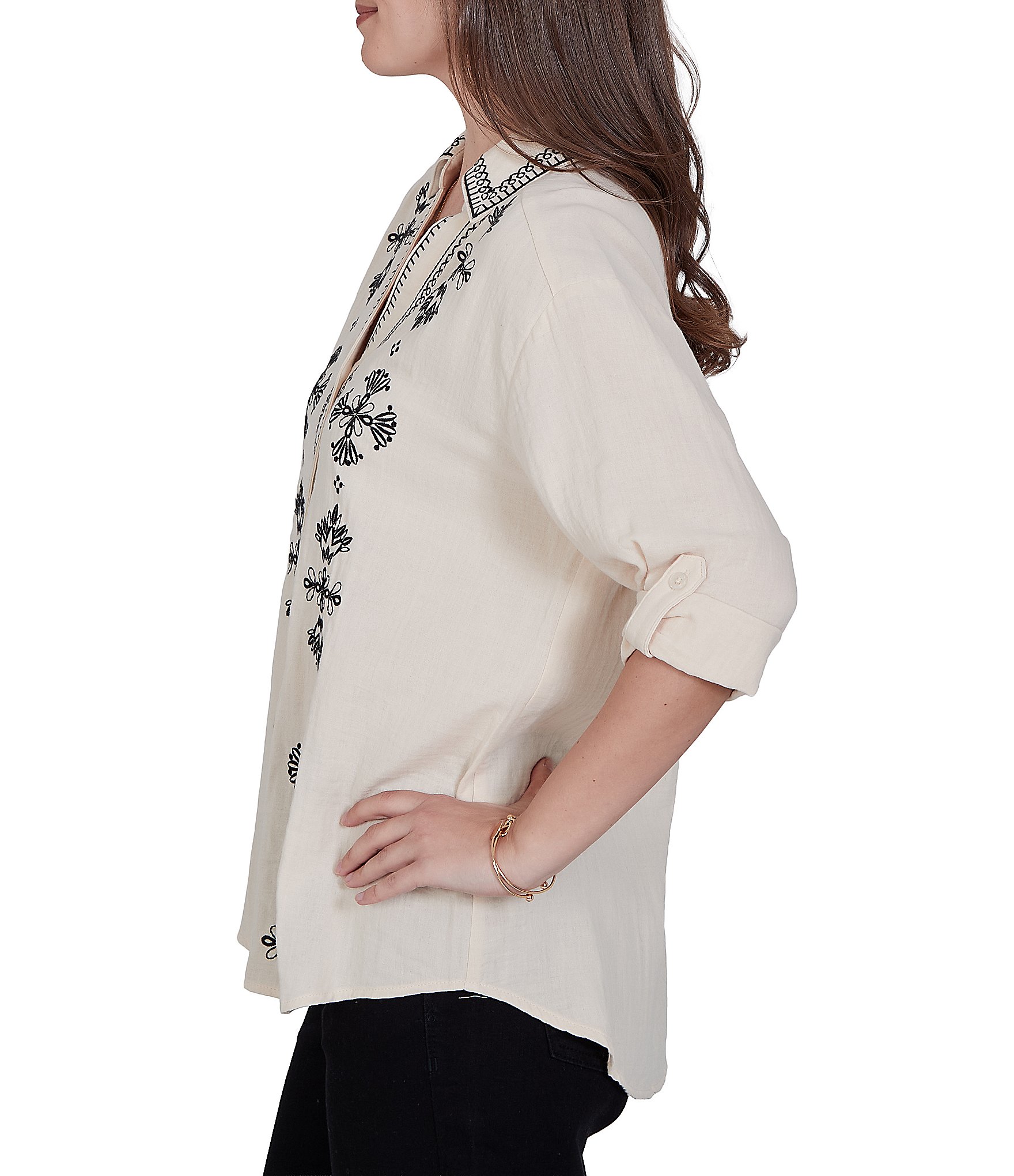 Ruby Rd. Petite Size Double Cotton Gauze Embroidered Point Collar 3/4 Roll-Tab Sleeve Button-Front Shirt