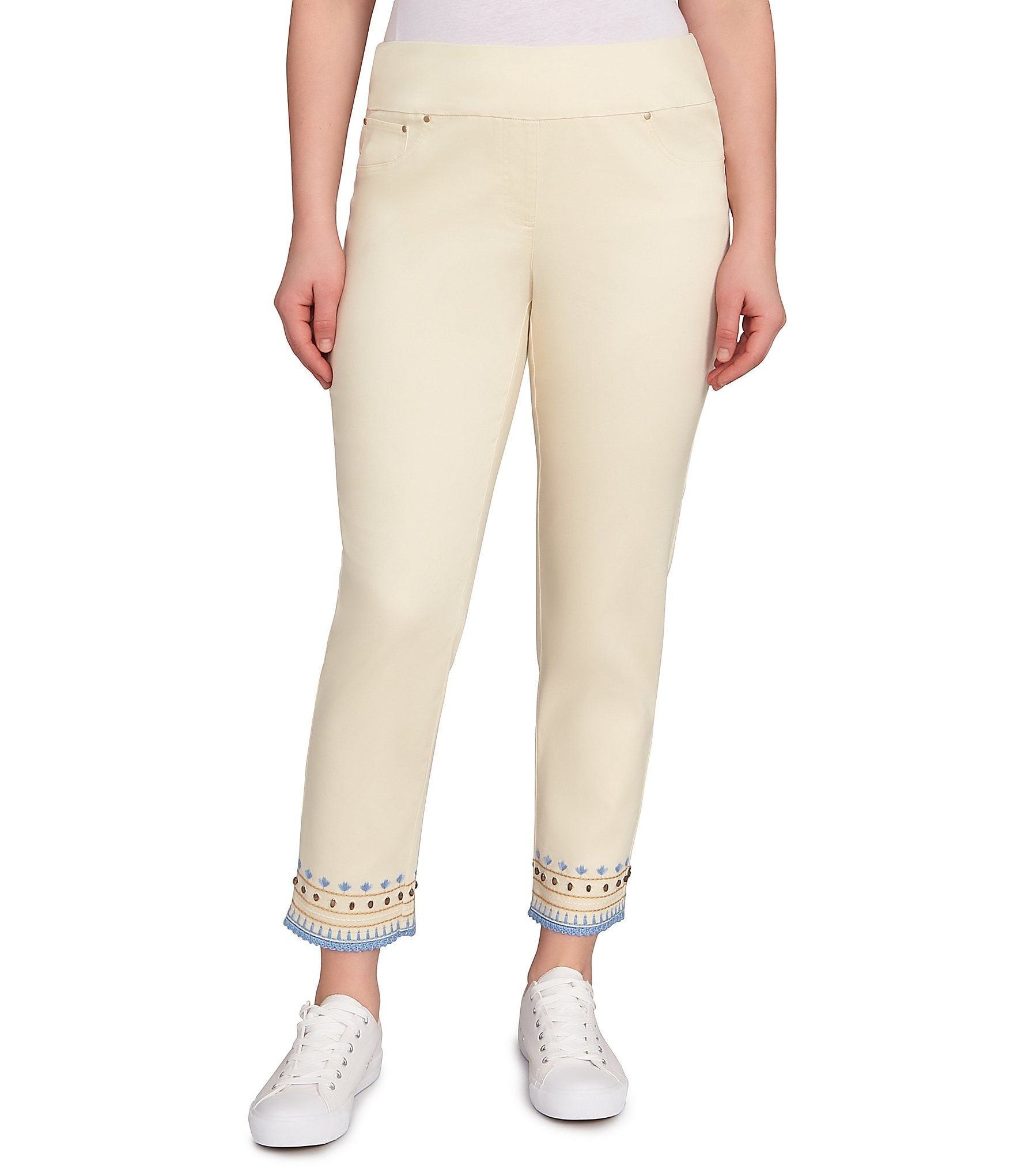 Ruby Rd. Petite Size Embroidered Beaded Hem Pull-On Ankle Pants