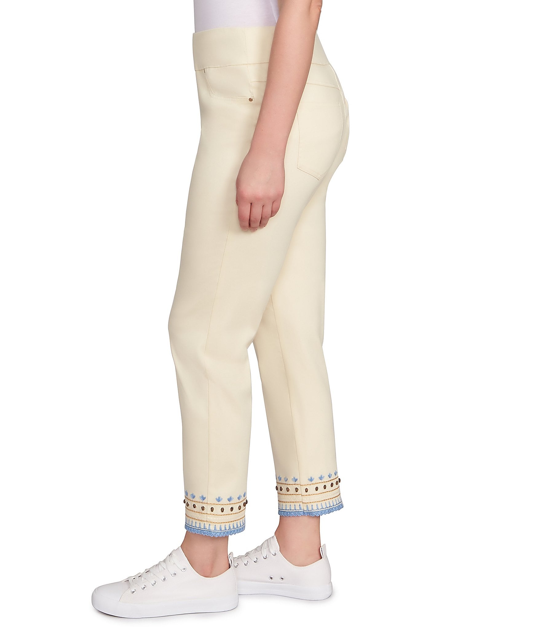 Ruby Rd. Petite Size Embroidered Beaded Hem Pull-On Ankle Pants