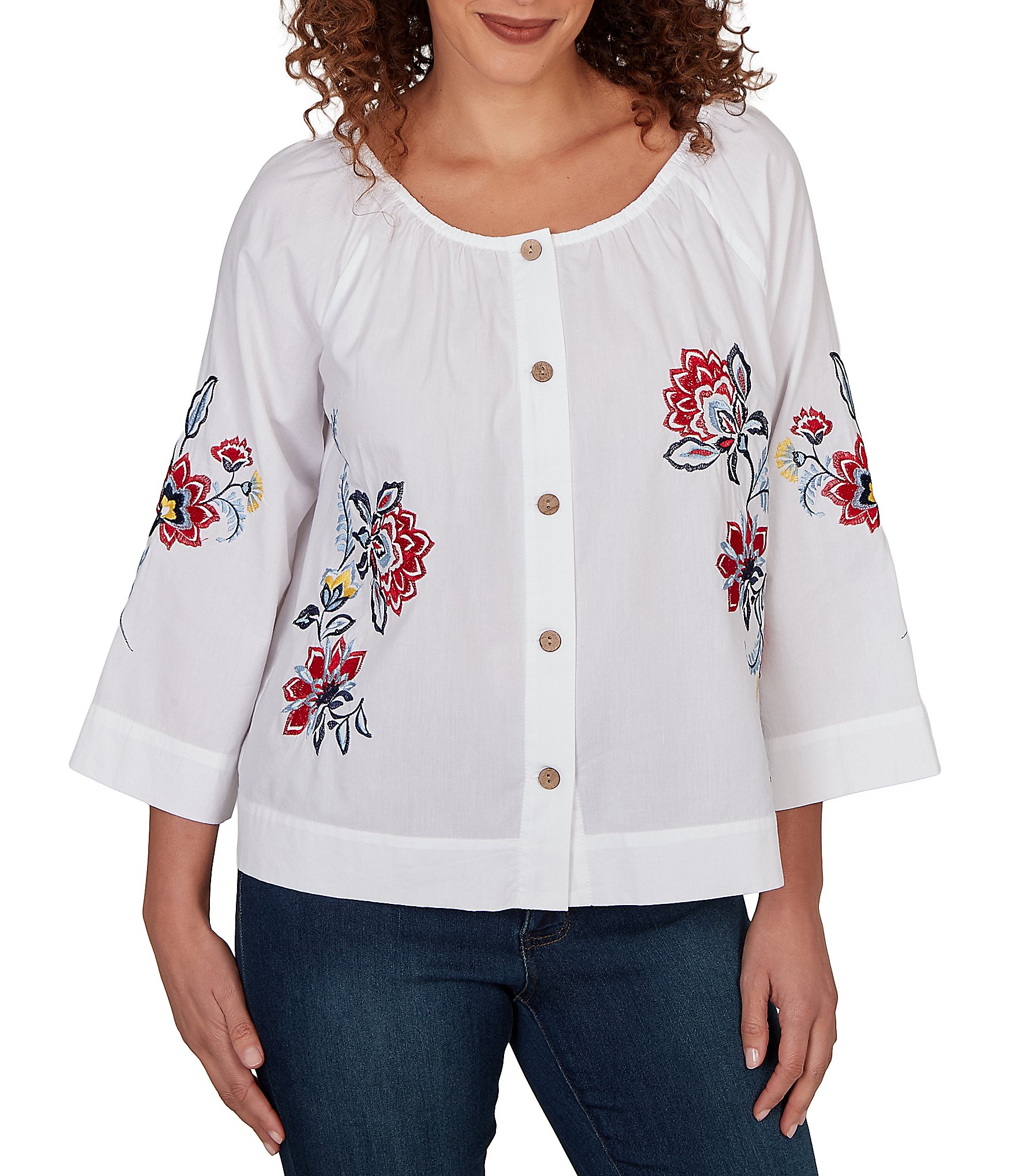 Ruby Rd. Petite Size Embroidered Floral Scoop Neck 3/4 Sleeve Button-Front Blouse