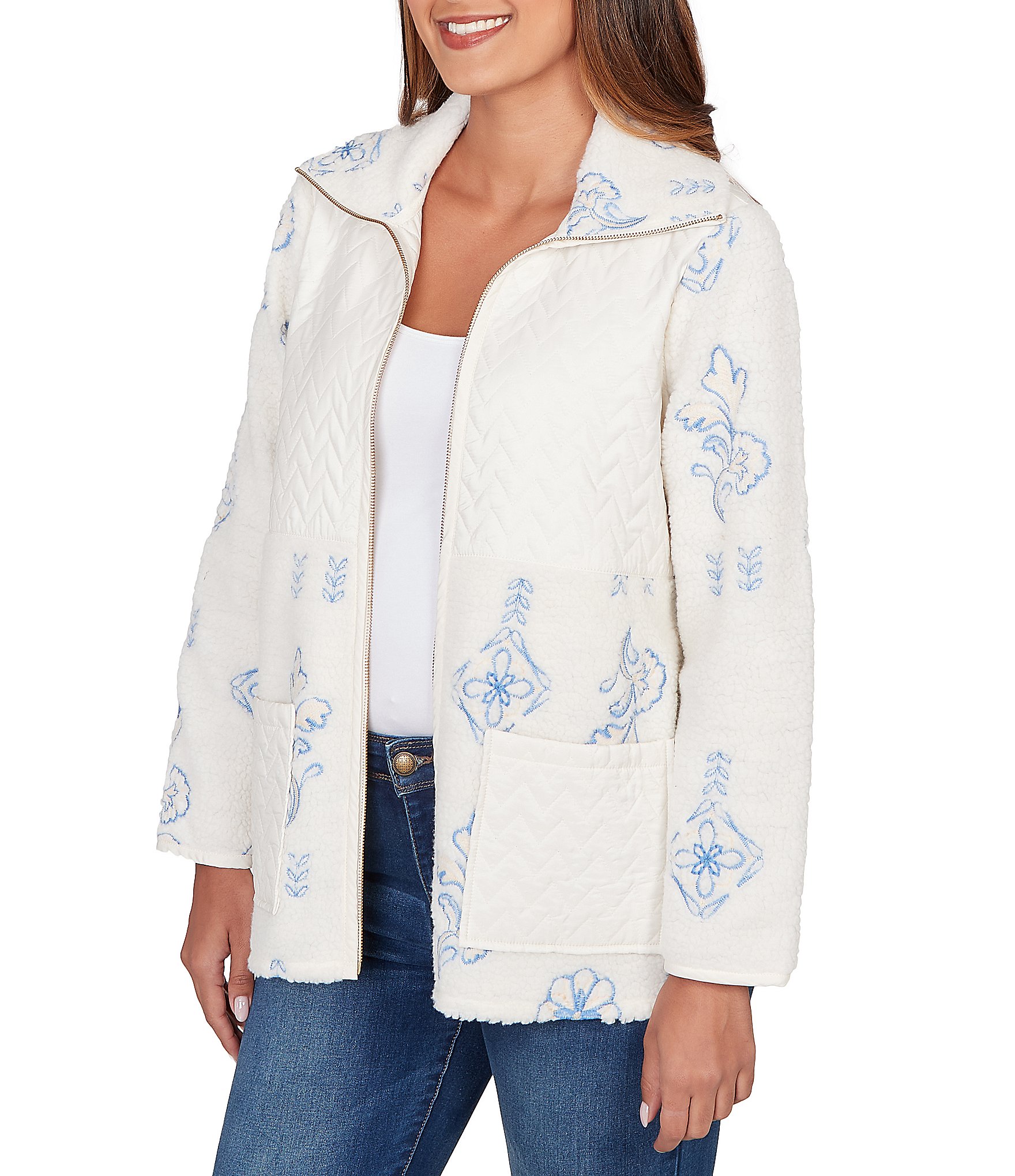Ruby Rd. Petite Size Embroidered Quilted Mock Neck Long Sleeve Shearling Jacket