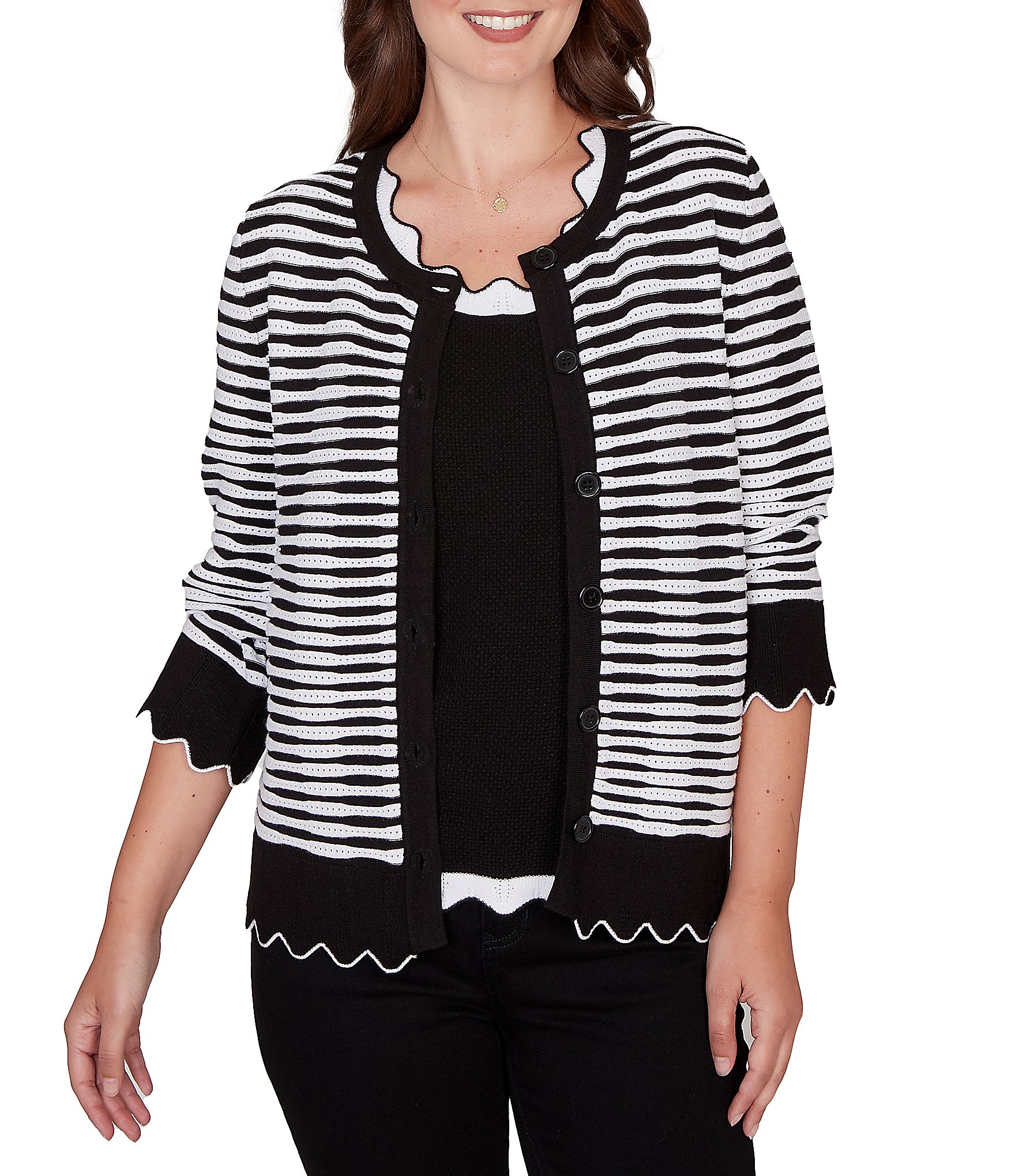 Ruby Rd. Petite Size Fine Gauge Stripe Scalloped Long Sleeve Button-Front Sweater