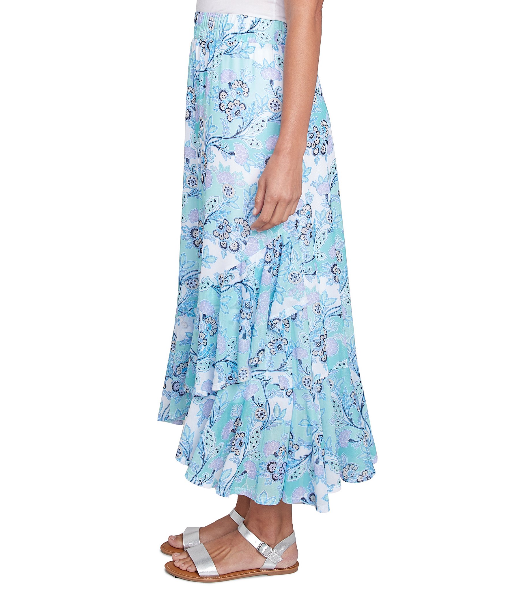 Ruby Rd. Petite Size Floral Mesh Asymmetrical Ruffle Hem Pull-On Skirt