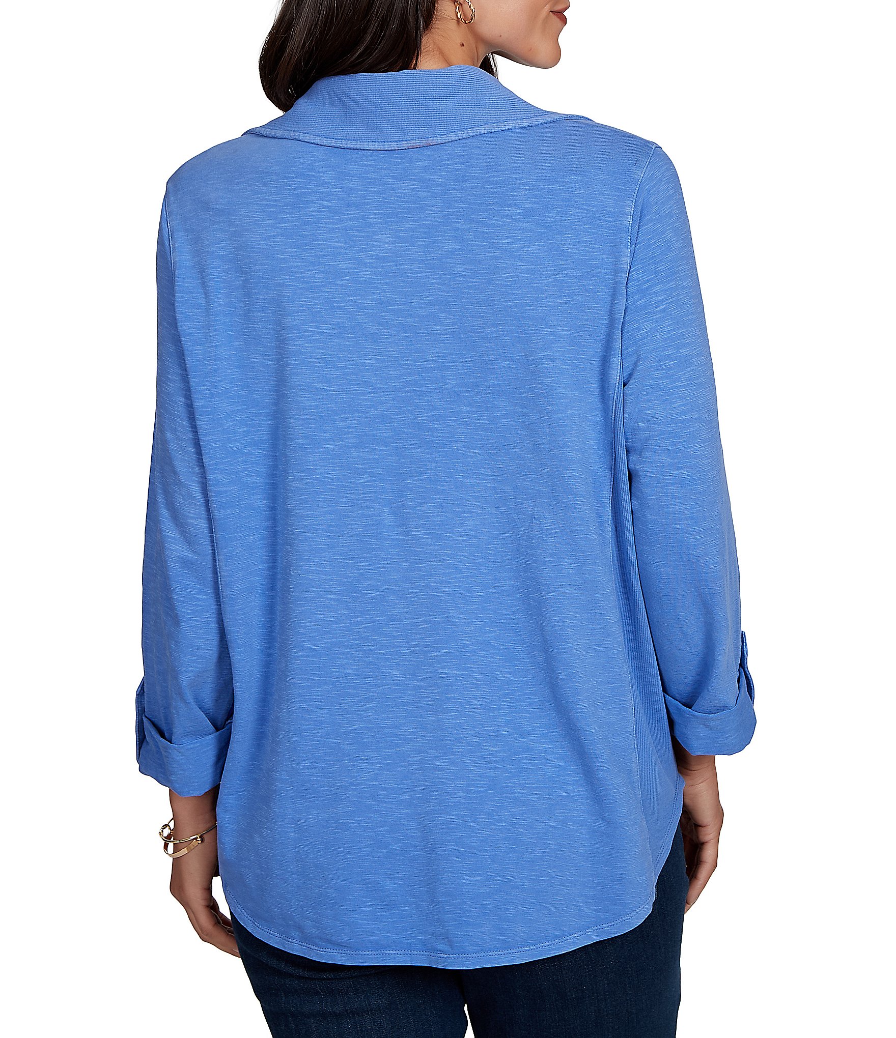 Ruby Rd. Petite Size Garment Washed Point Collar 3/4 Roll-Tab Sleeve Button Front Shirt