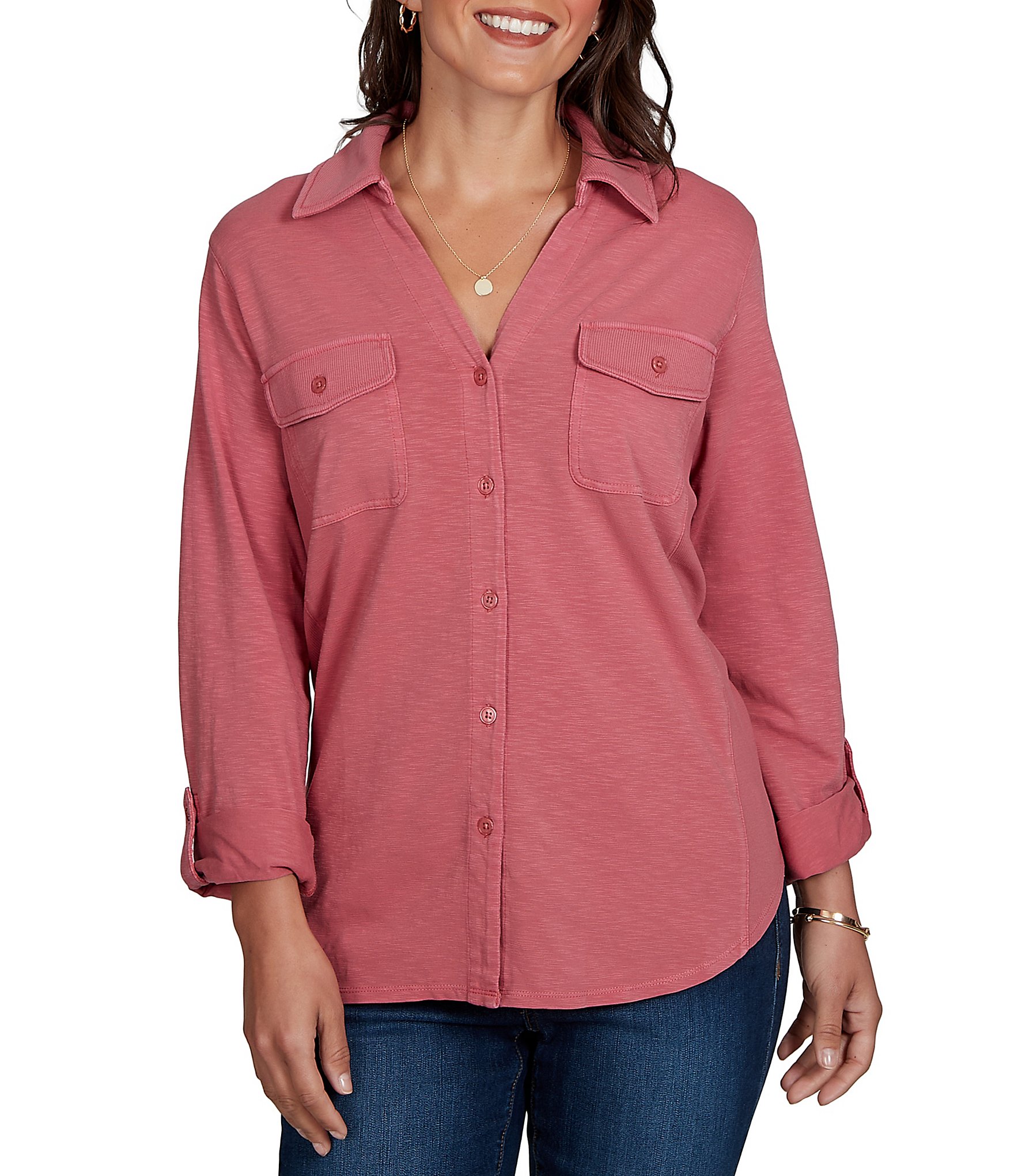 Ruby Rd. Petite Size Garment Washed Point Collar 3/4 Roll-Tab Sleeve Button Front Shirt