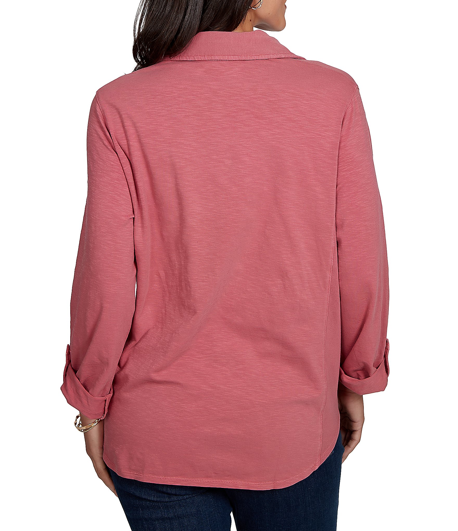 Ruby Rd. Petite Size Garment Washed Point Collar 3/4 Roll-Tab Sleeve Button Front Shirt