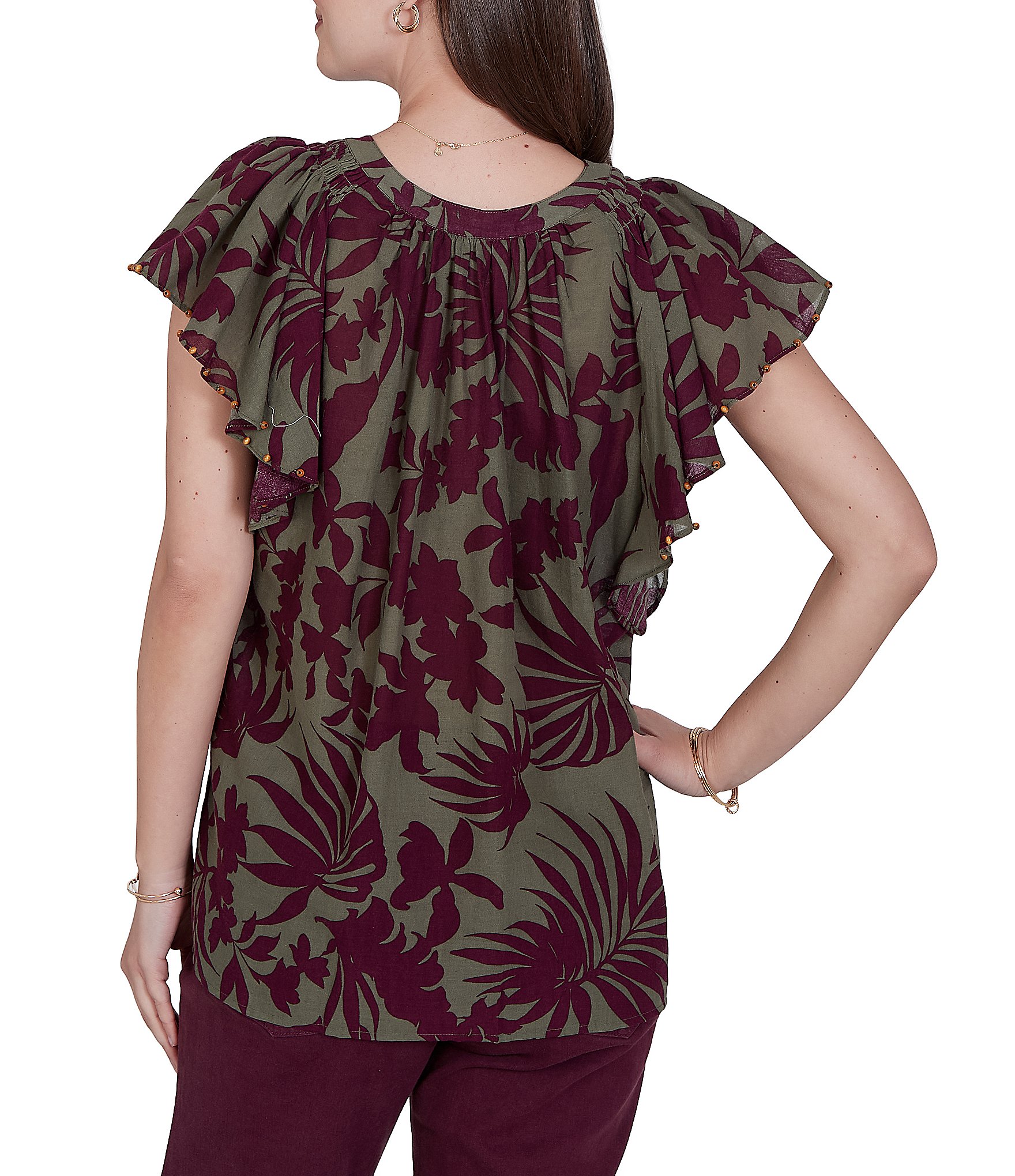 Ruby Rd. Petite Size Gauze Stone Multi V-Neck Short Flutter Sleeve Top