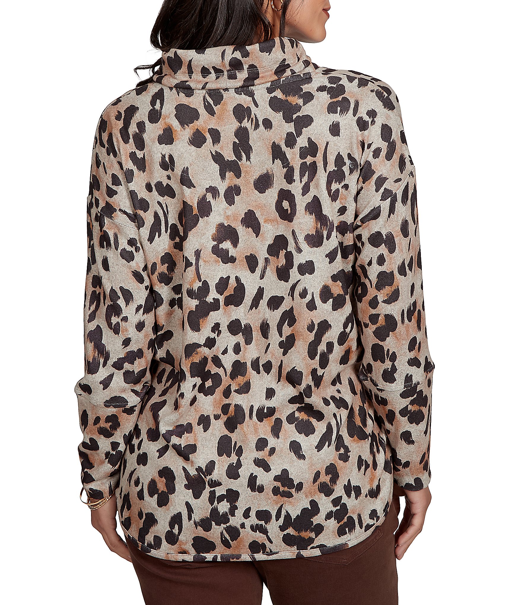 Ruby Rd. Petite Size Hatchi Knit Leopard Print Draped Drawstring Cowl Neck Long Sleeve Top