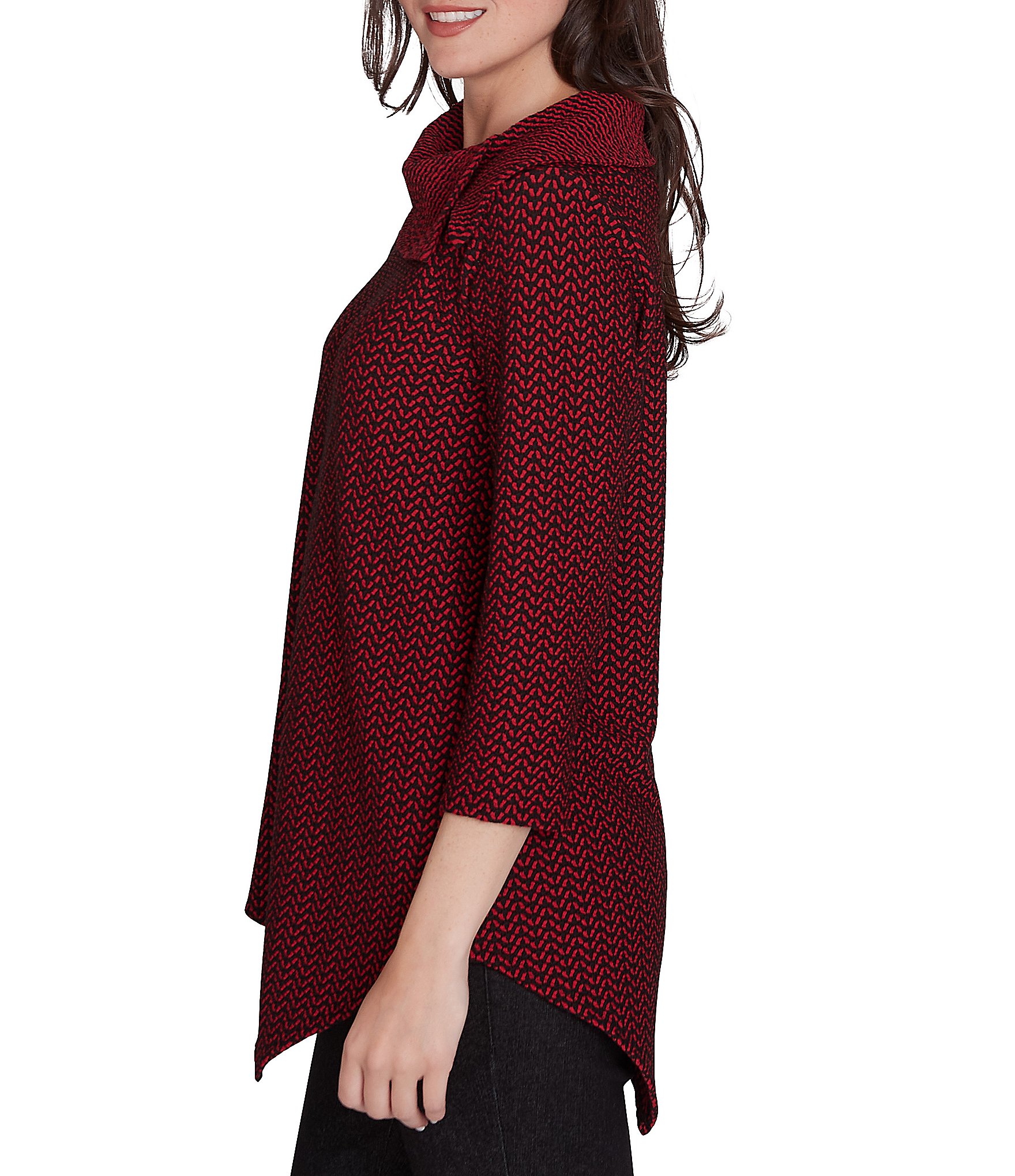 Ruby Rd. Petite Size Herringbone Jacquard Knit Cowl Neck 3/4 Sleeve Asymmetric Hem Top