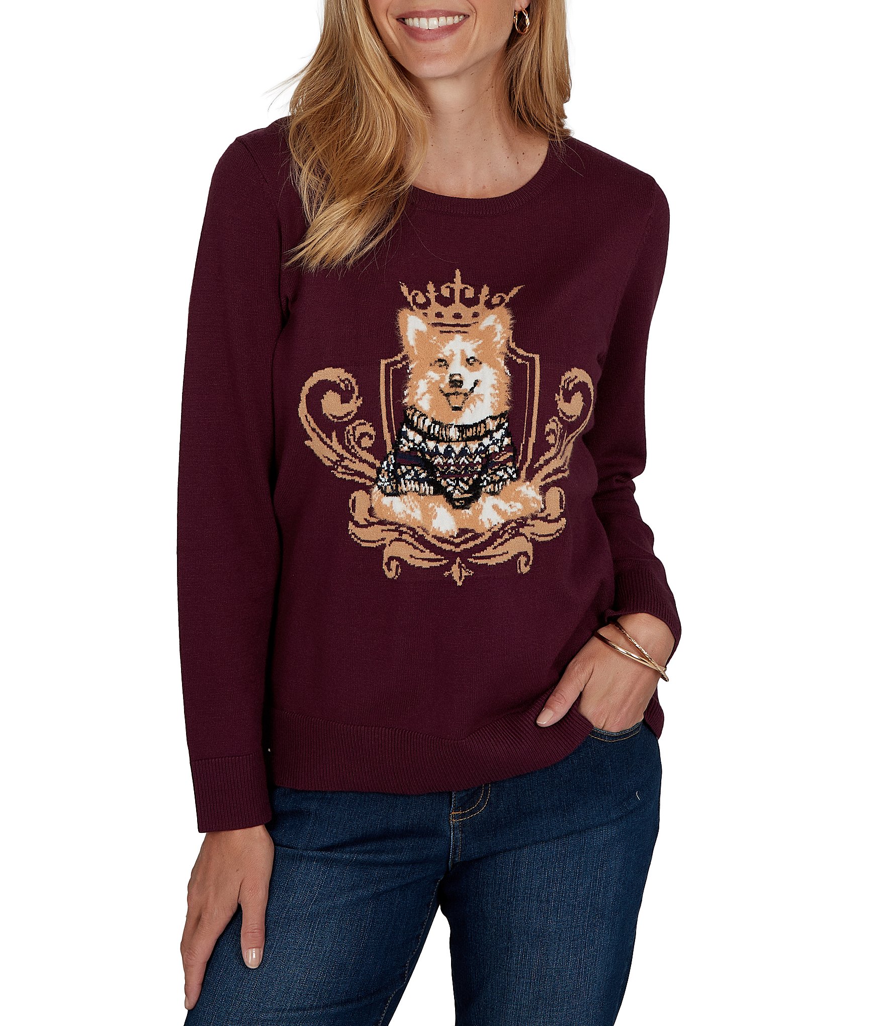 Ruby Rd. Petite Size Jacquard Knit Regal Corgi Scoop Neck Long Sleeve Sweater