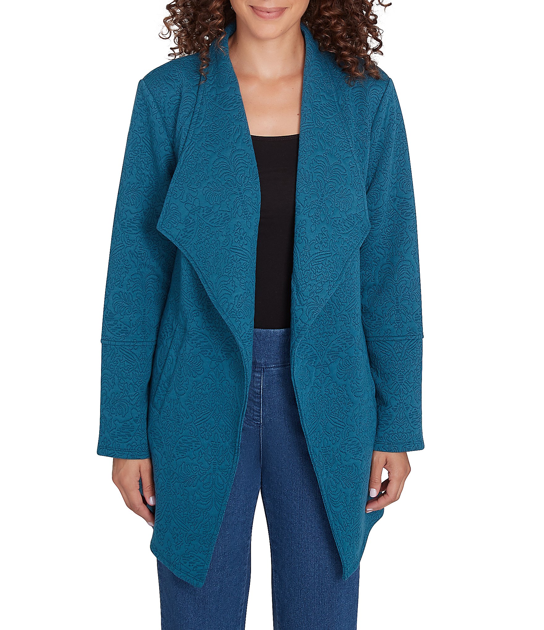 Ruby Rd. Petite Size Jacquard Knit Shawl Collar Long Sleeve Open-Front ...