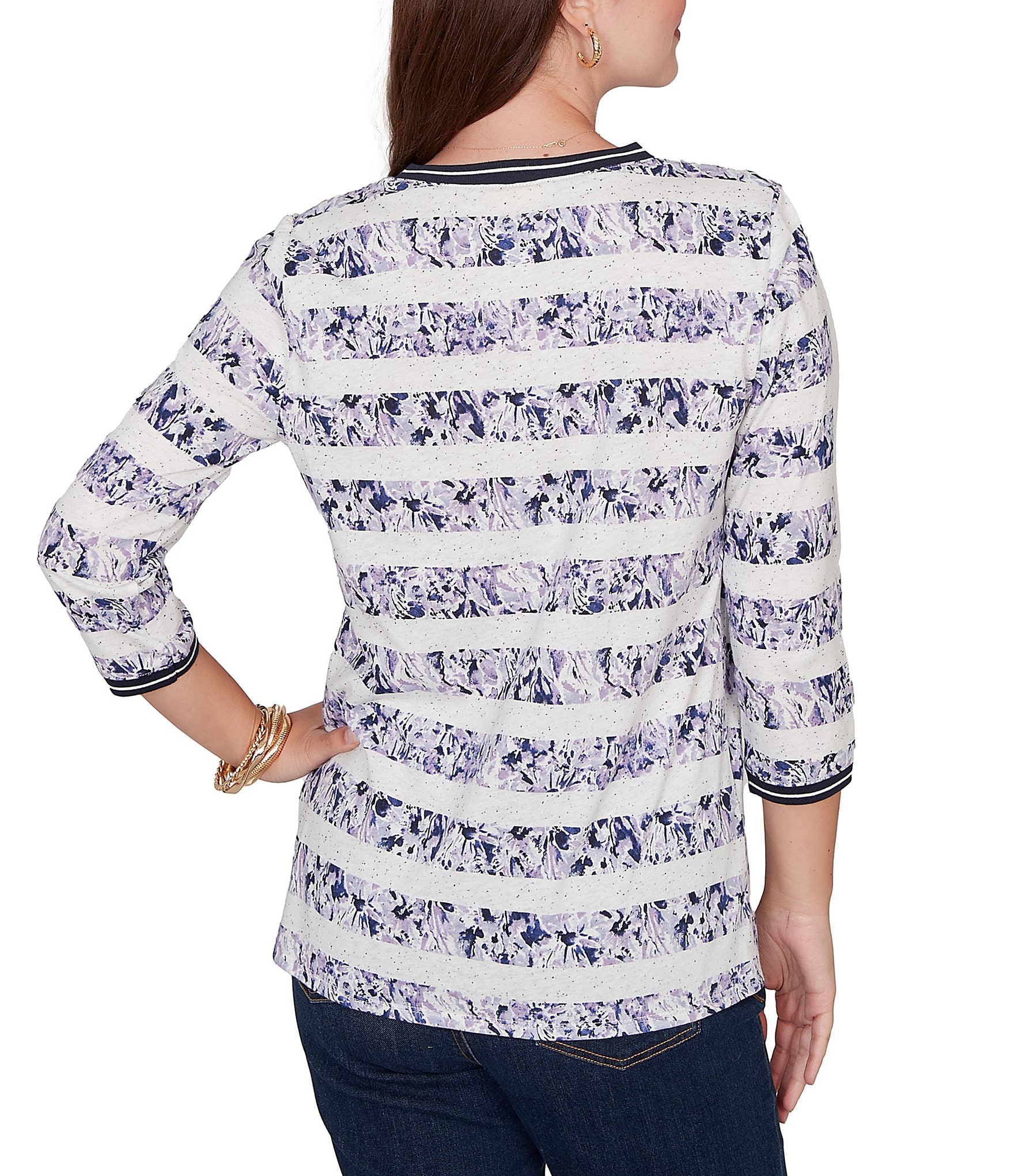 Ruby Rd. Petite Size Jersey Knit Floral Stripe Contrast Tipping Twist Front Hem Top