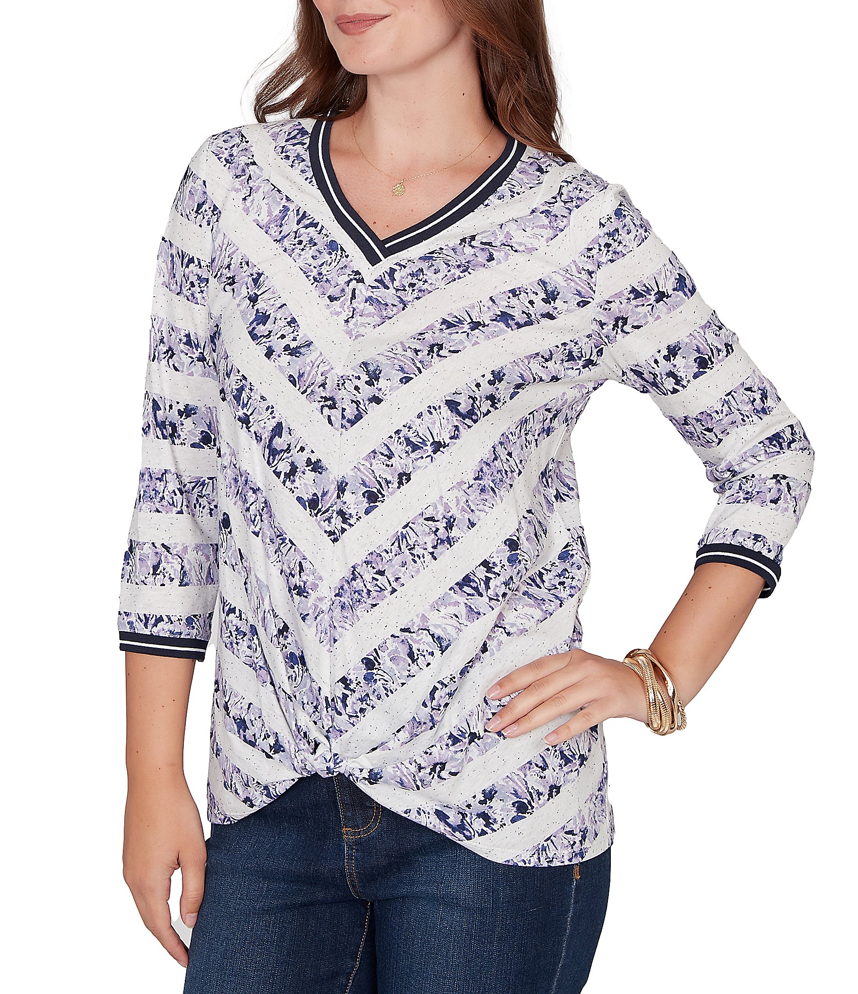 Ruby Rd. Petite Size Jersey Knit Floral Stripe Contrast Tipping Twist Front Hem Top