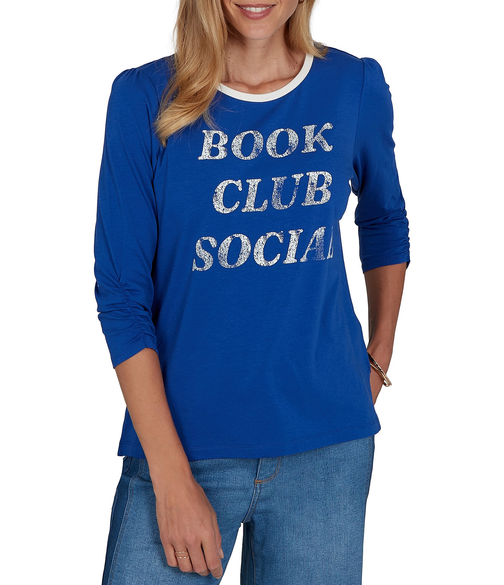Ruby Rd. Petite Size Knit Book Club Crew Neck 3/4 Ruched Sleeve Tee