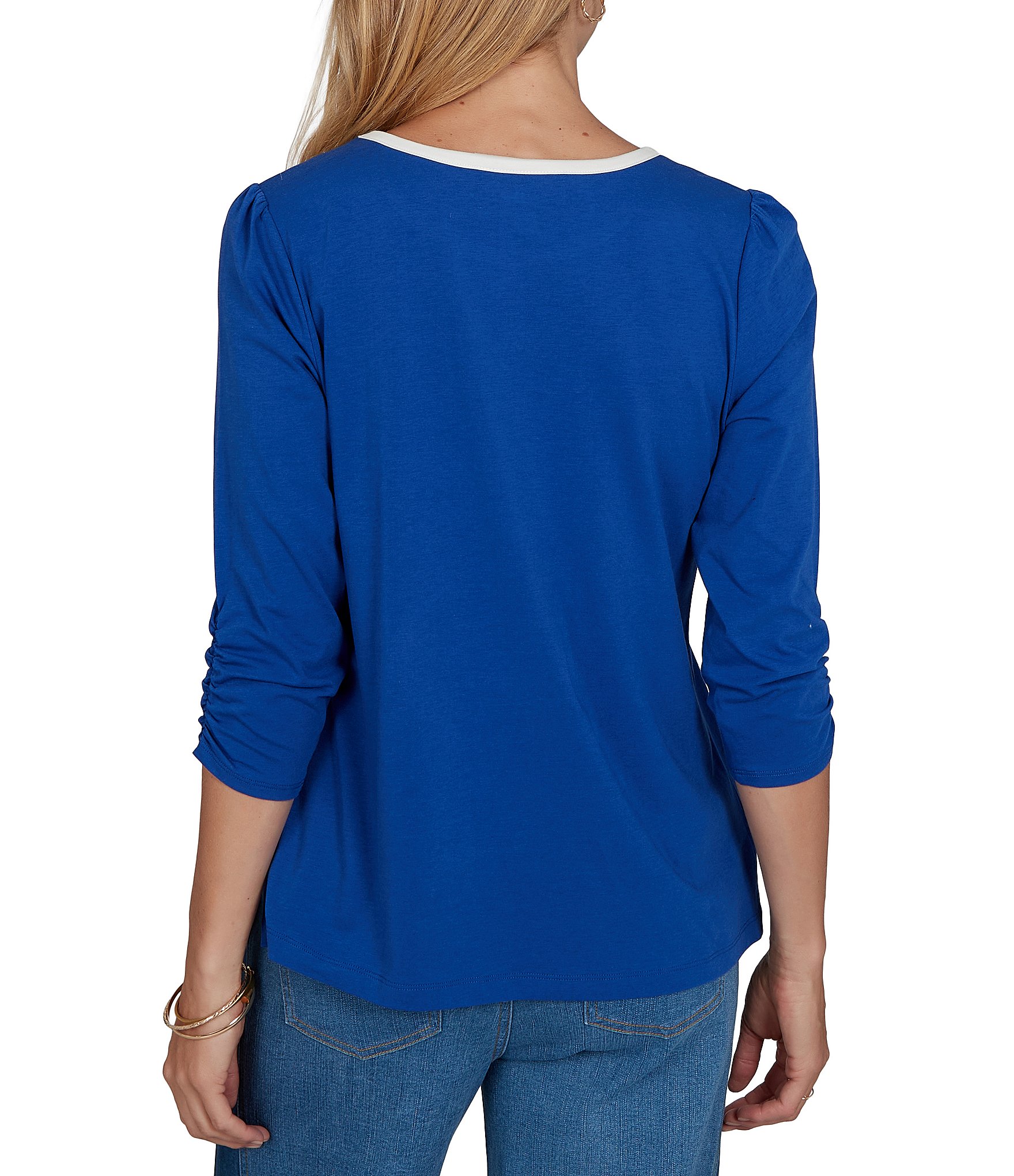 Ruby Rd. Petite Size Knit Book Club Crew Neck 3/4 Ruched Sleeve Tee