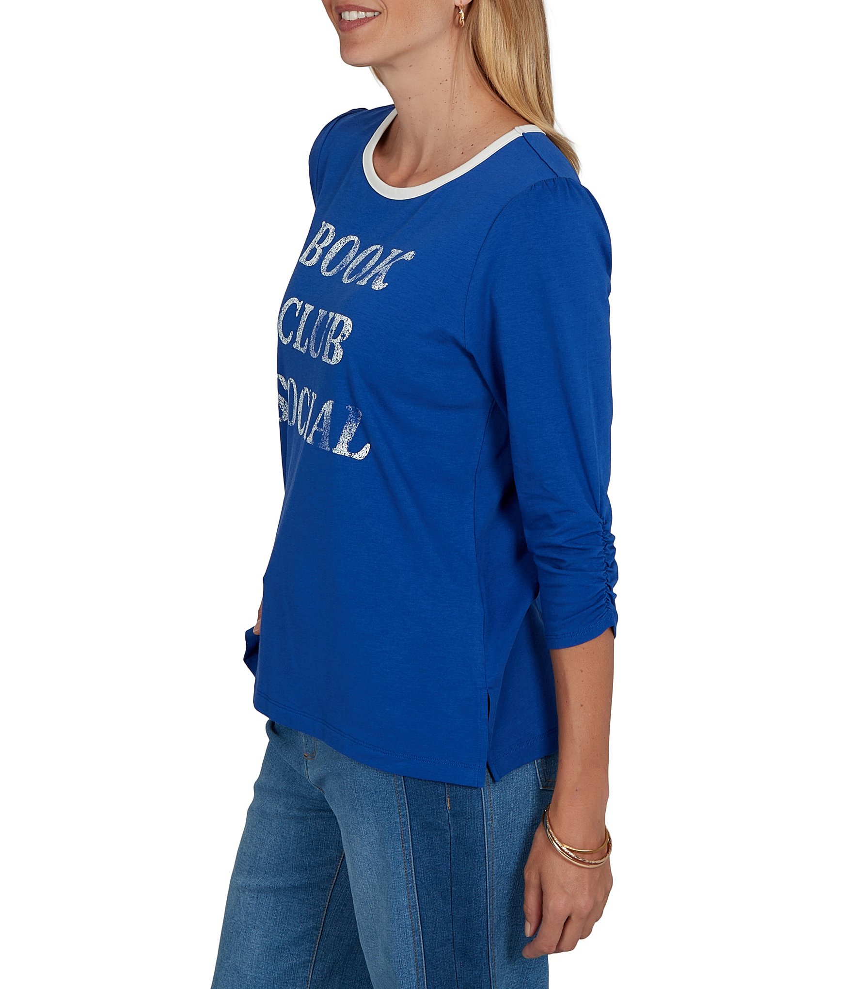 Ruby Rd. Petite Size Knit Book Club Crew Neck 3/4 Ruched Sleeve Tee