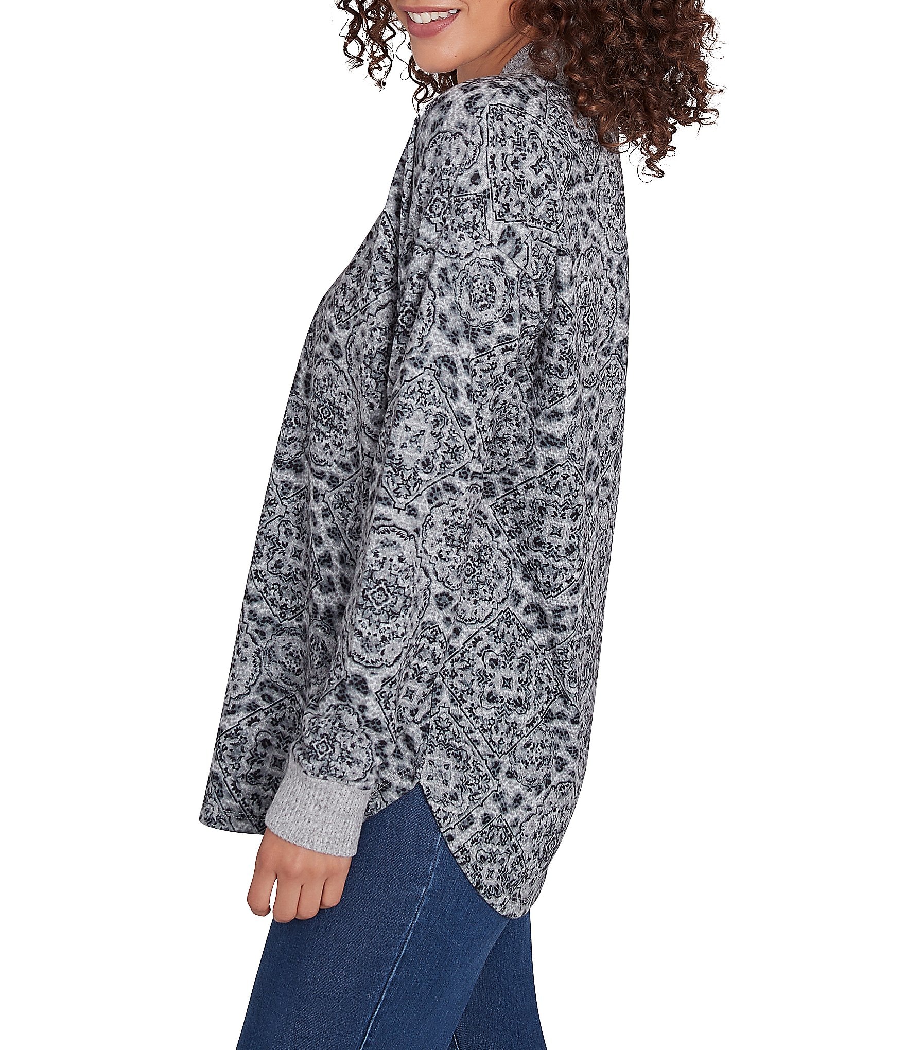 Ruby Rd. Petite Size Knit Leopard Contrast Trim V-Neck Long Sleeve Top