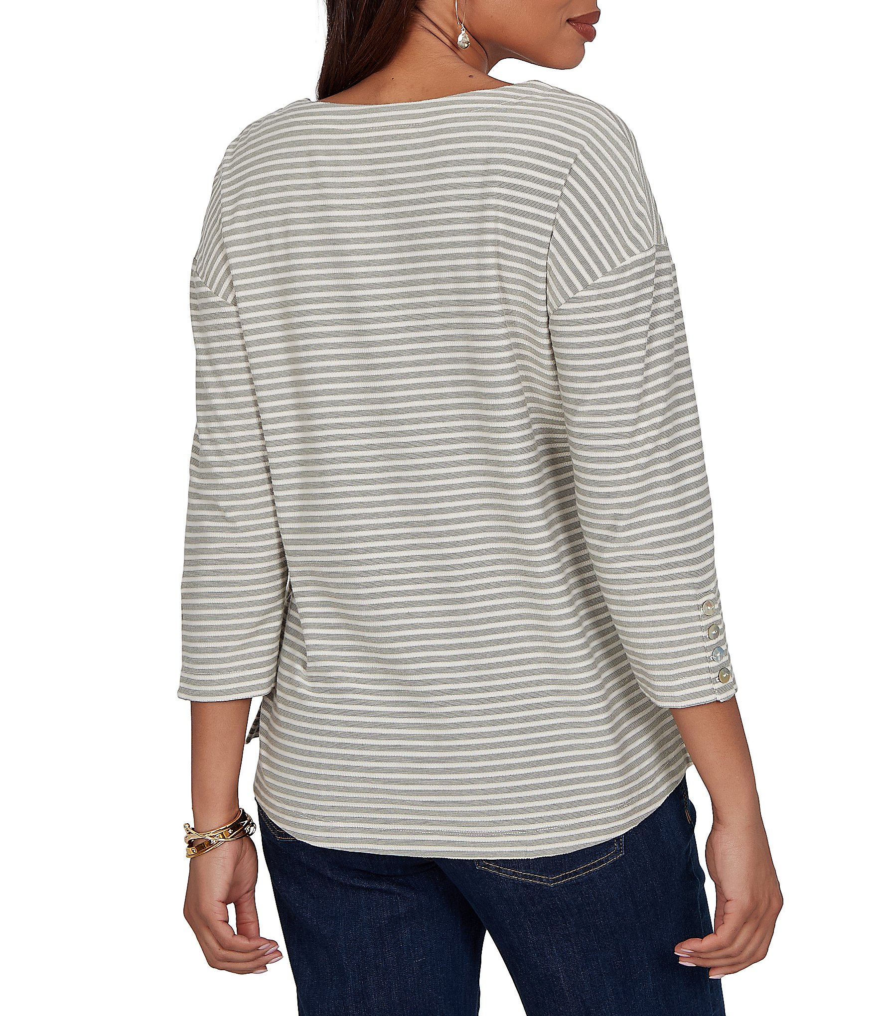Ruby Rd. Petite Size Knit Stripe Boat Neck 3/4 Sleeve Top