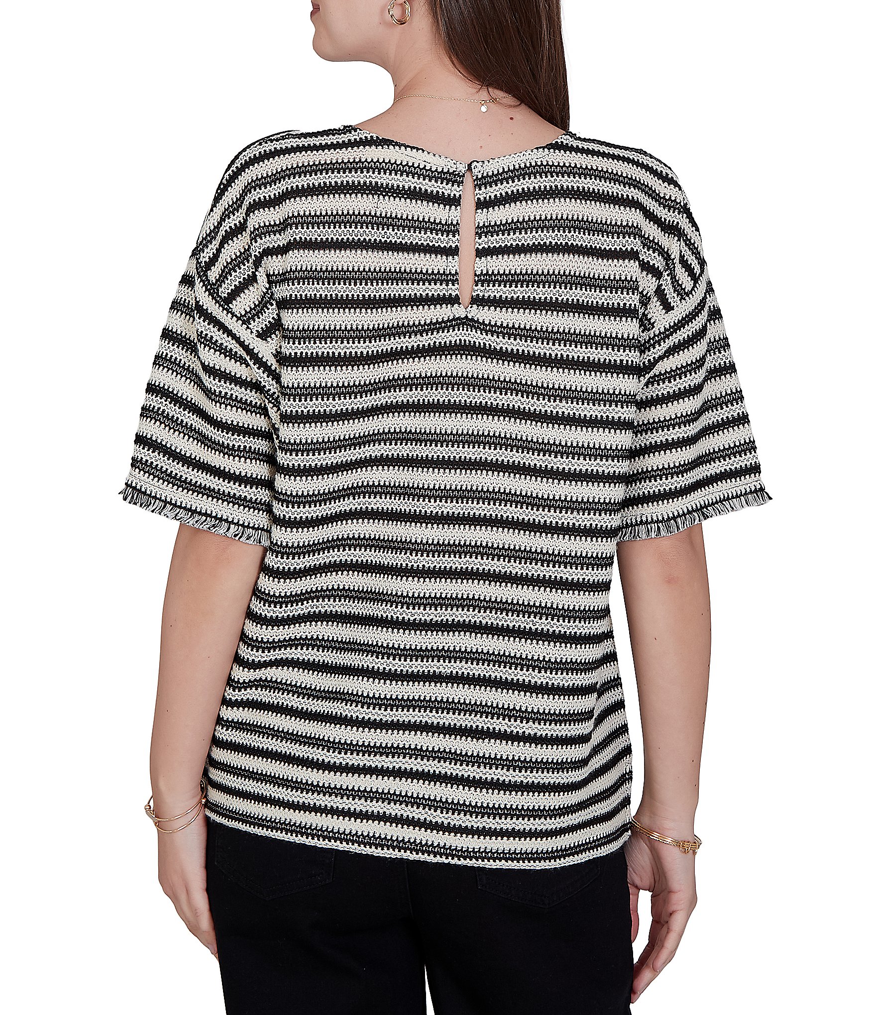 Ruby Rd. Petite Size Knit Stripe Scoop Neck Short Fringe Sleeve Tee