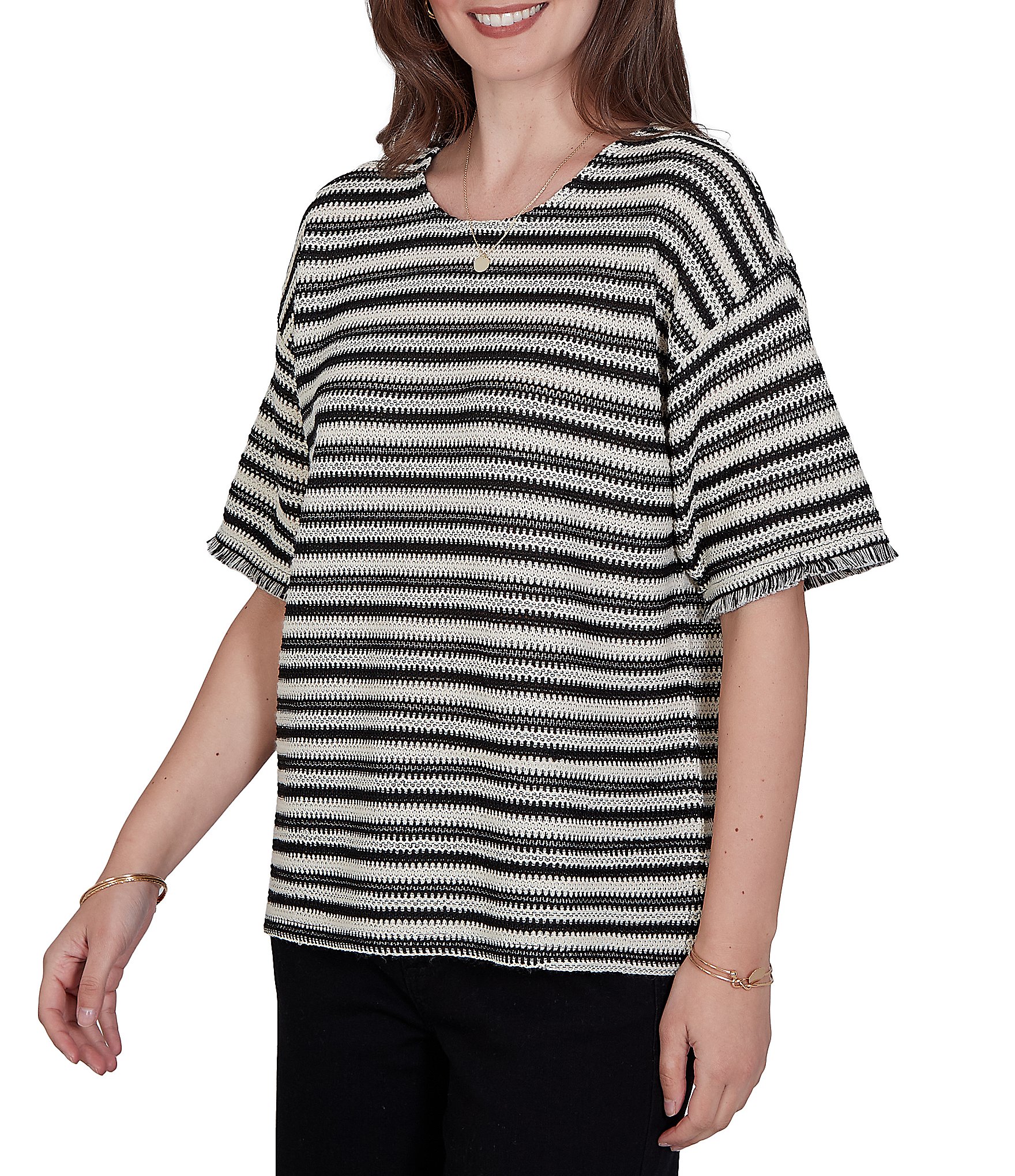 Ruby Rd. Petite Size Knit Stripe Scoop Neck Short Fringe Sleeve Tee