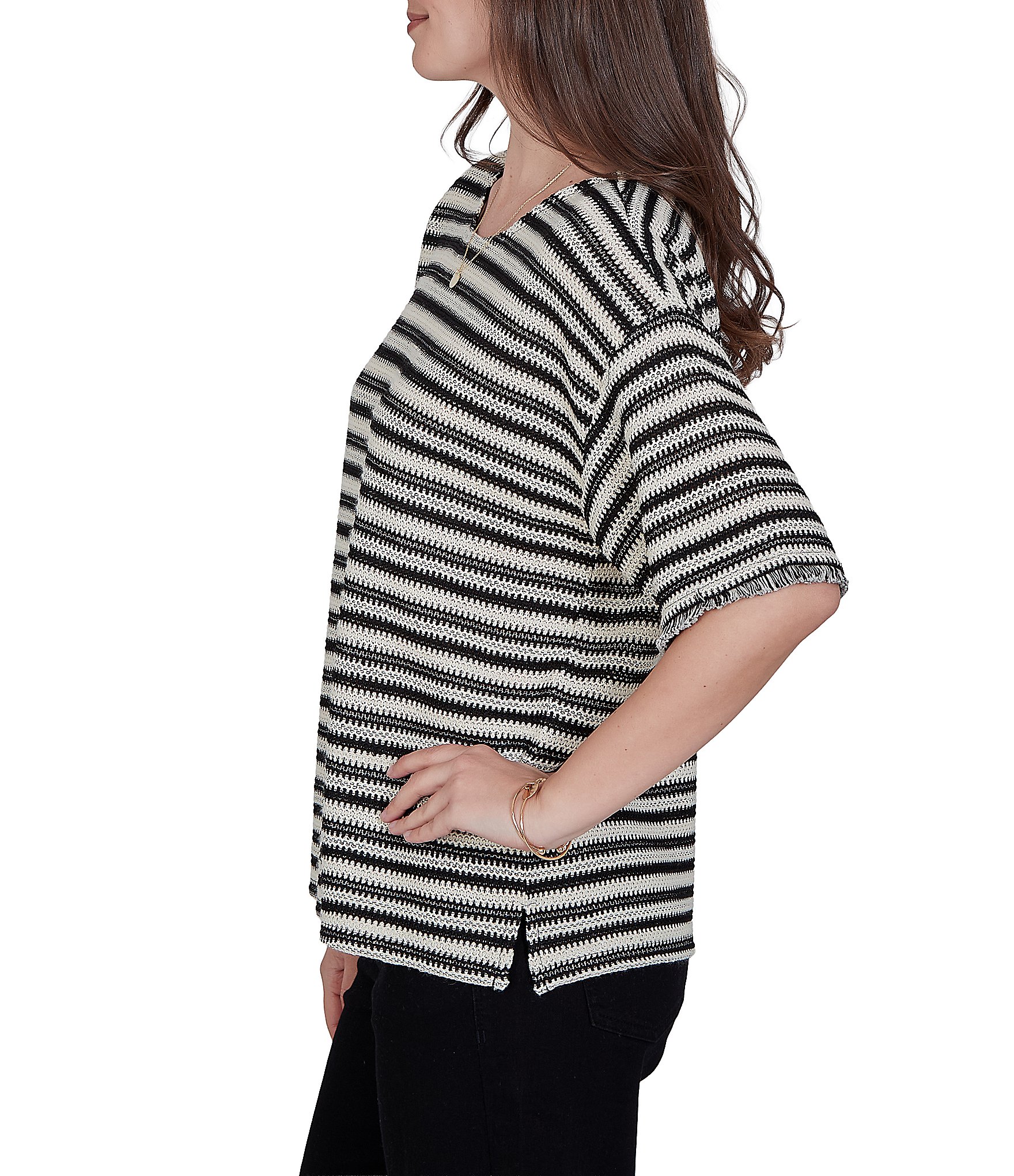 Ruby Rd. Petite Size Knit Stripe Scoop Neck Short Fringe Sleeve Tee