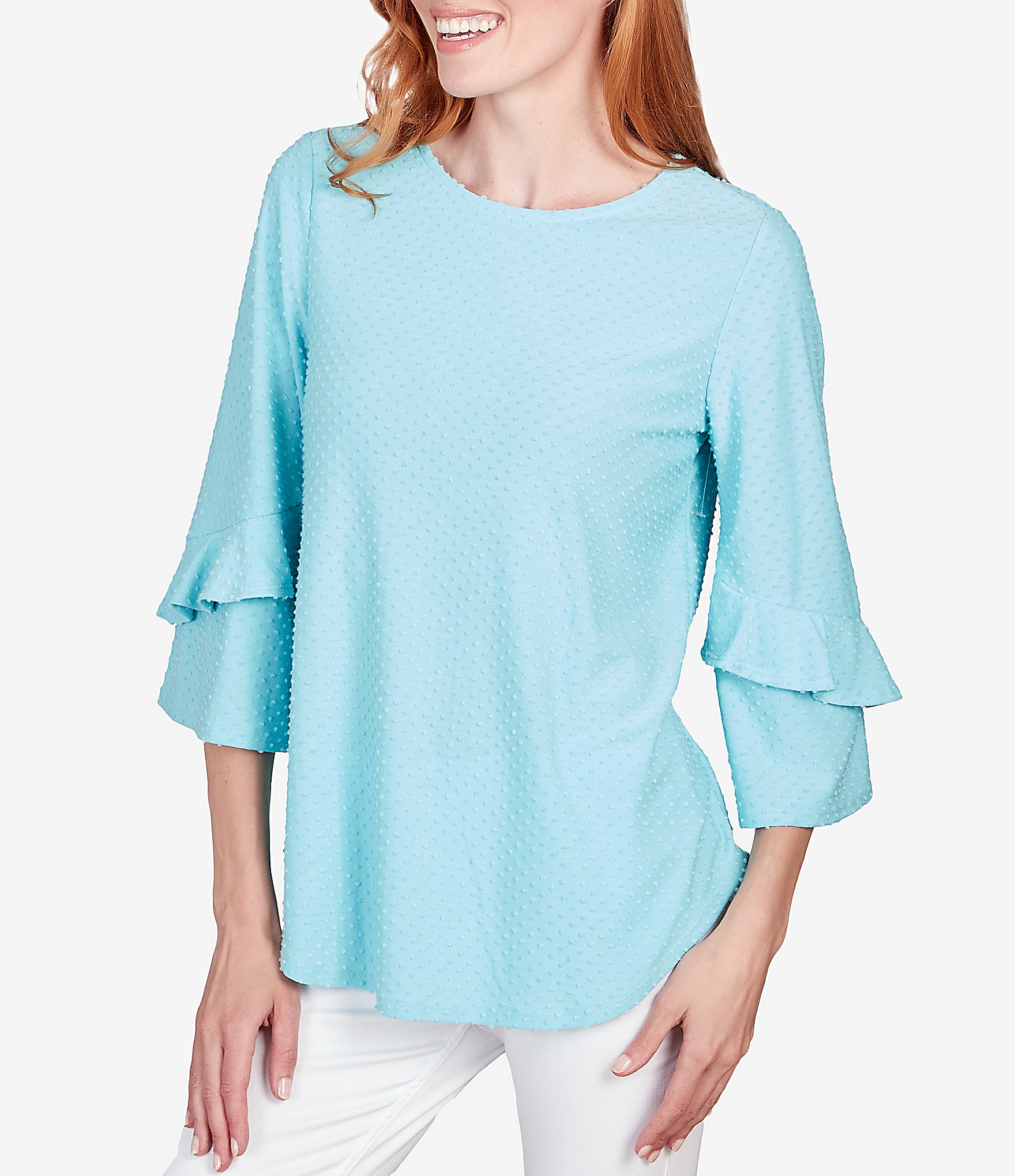 Ruby Rd. Plus Size Knit Swiss Dot Scoop Neck 3/4 Bell Sleeve Shirttail Hem  Top | Dillard's