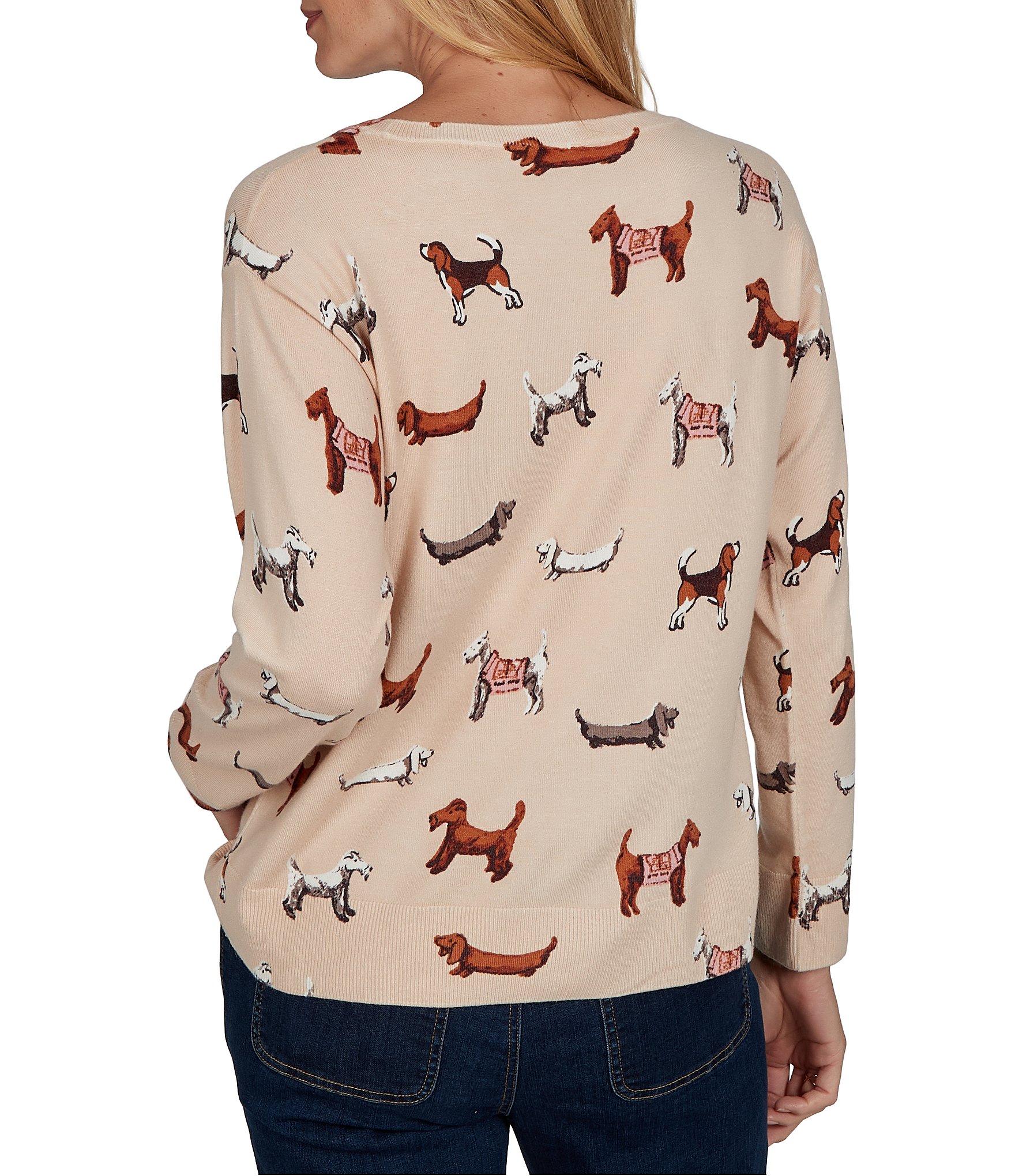 Ruby Rd. Petite Size Knit Tiny Dog Boat Neck Long Sleeve Sweater