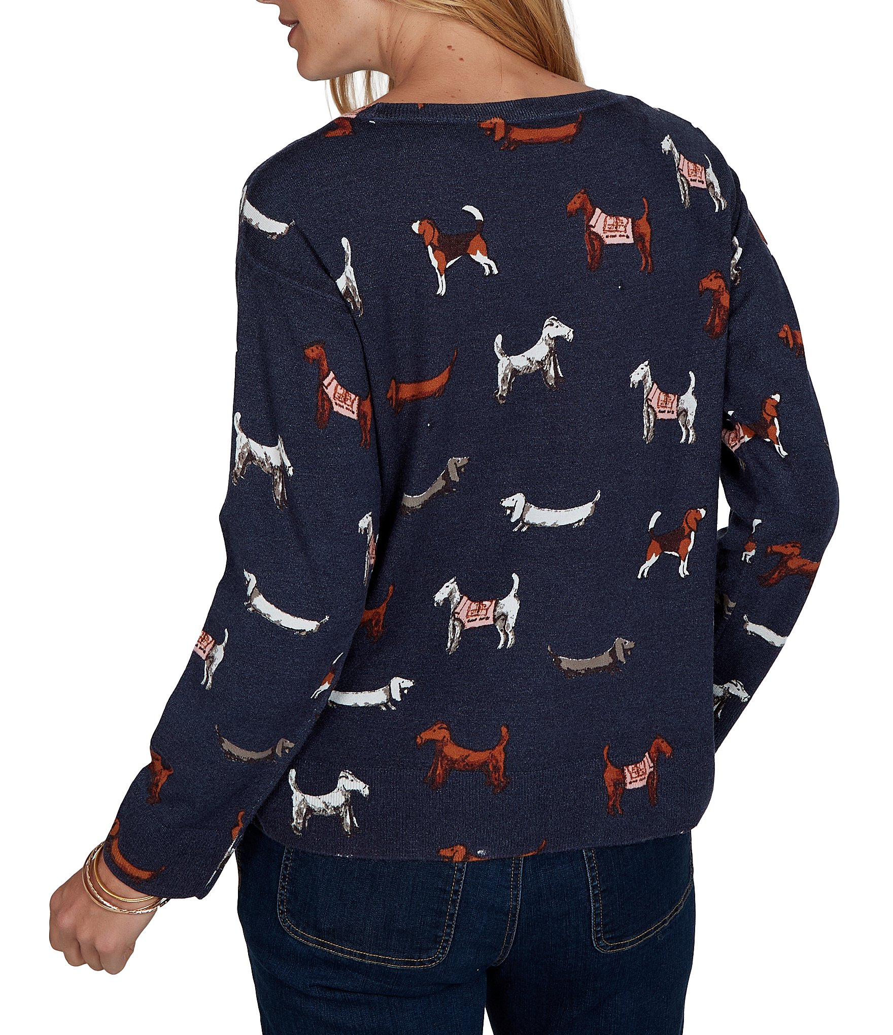 Ruby Rd. Petite Size Knit Tiny Dog Boat Neck Long Sleeve Sweater