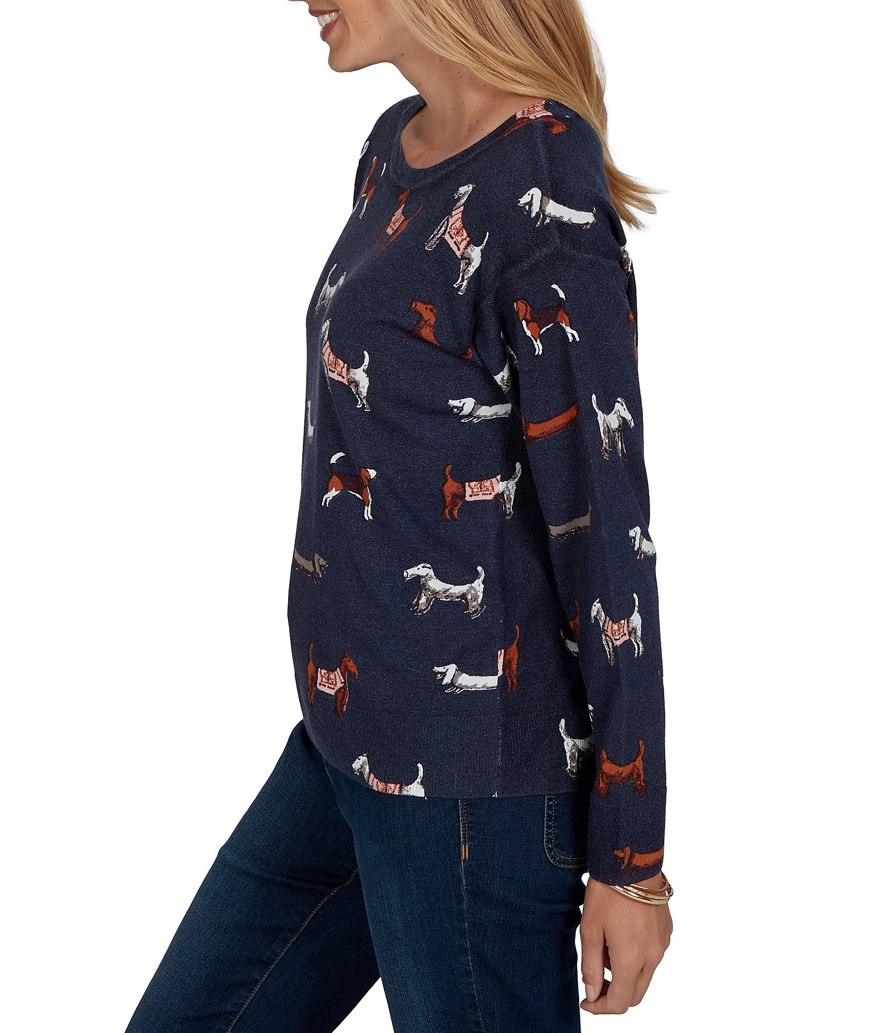 Ruby Rd. Petite Size Knit Tiny Dog Boat Neck Long Sleeve Sweater