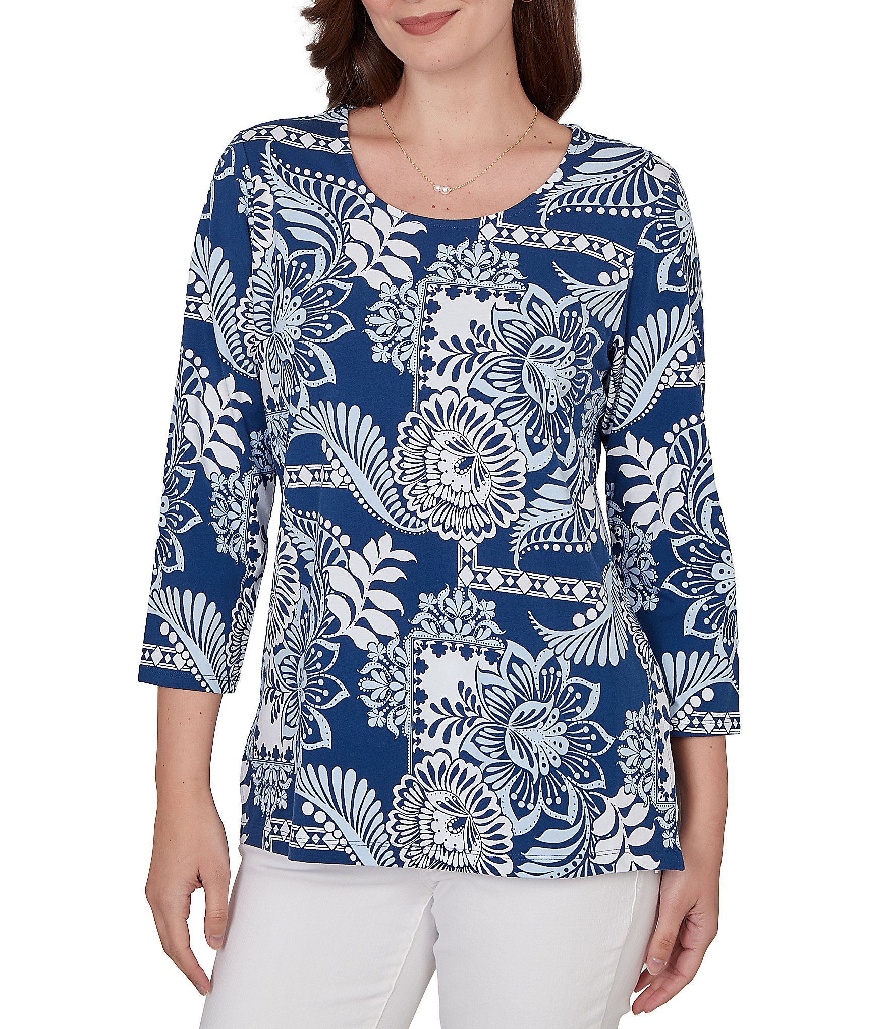 Ruby Rd. Petite Size Knit Tropical Patchwork Print Scoop Neck 3/4 Sleeve Top