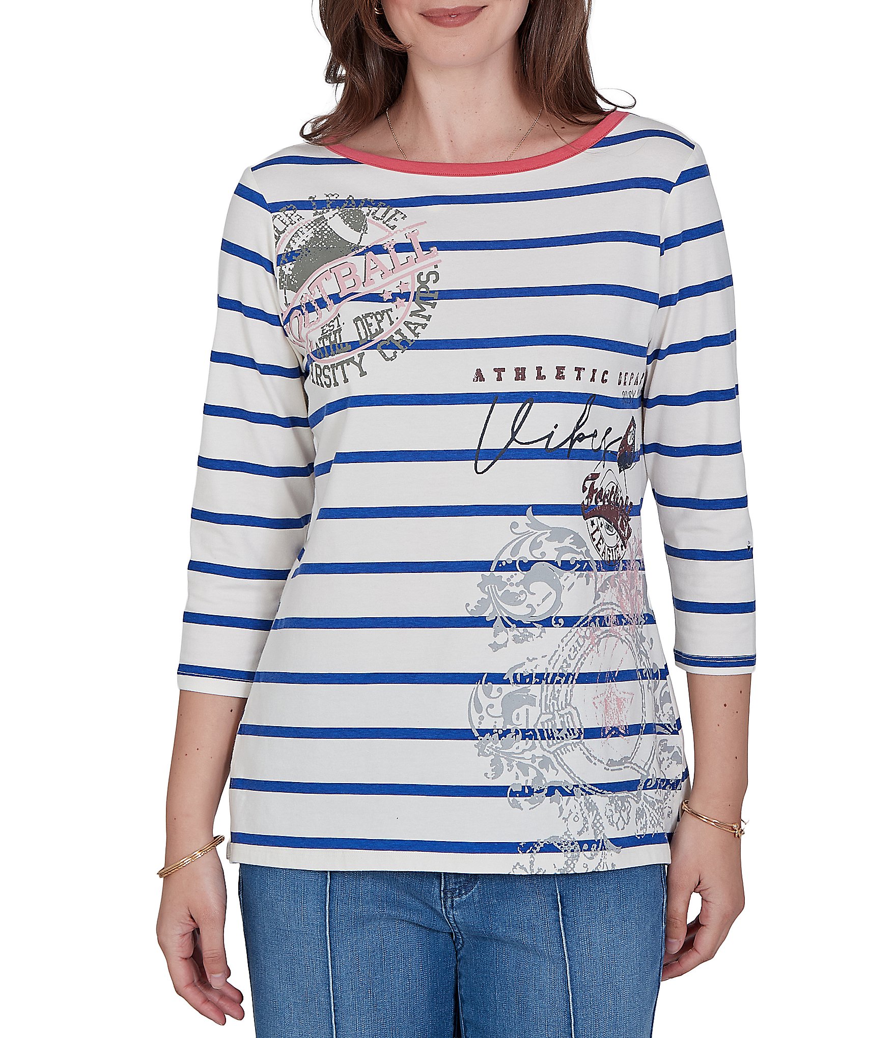 Ruby Rd. Petite Size Knit Varsity Stripe Delicate Floral Boat Neck 3/4 Sleeve Top