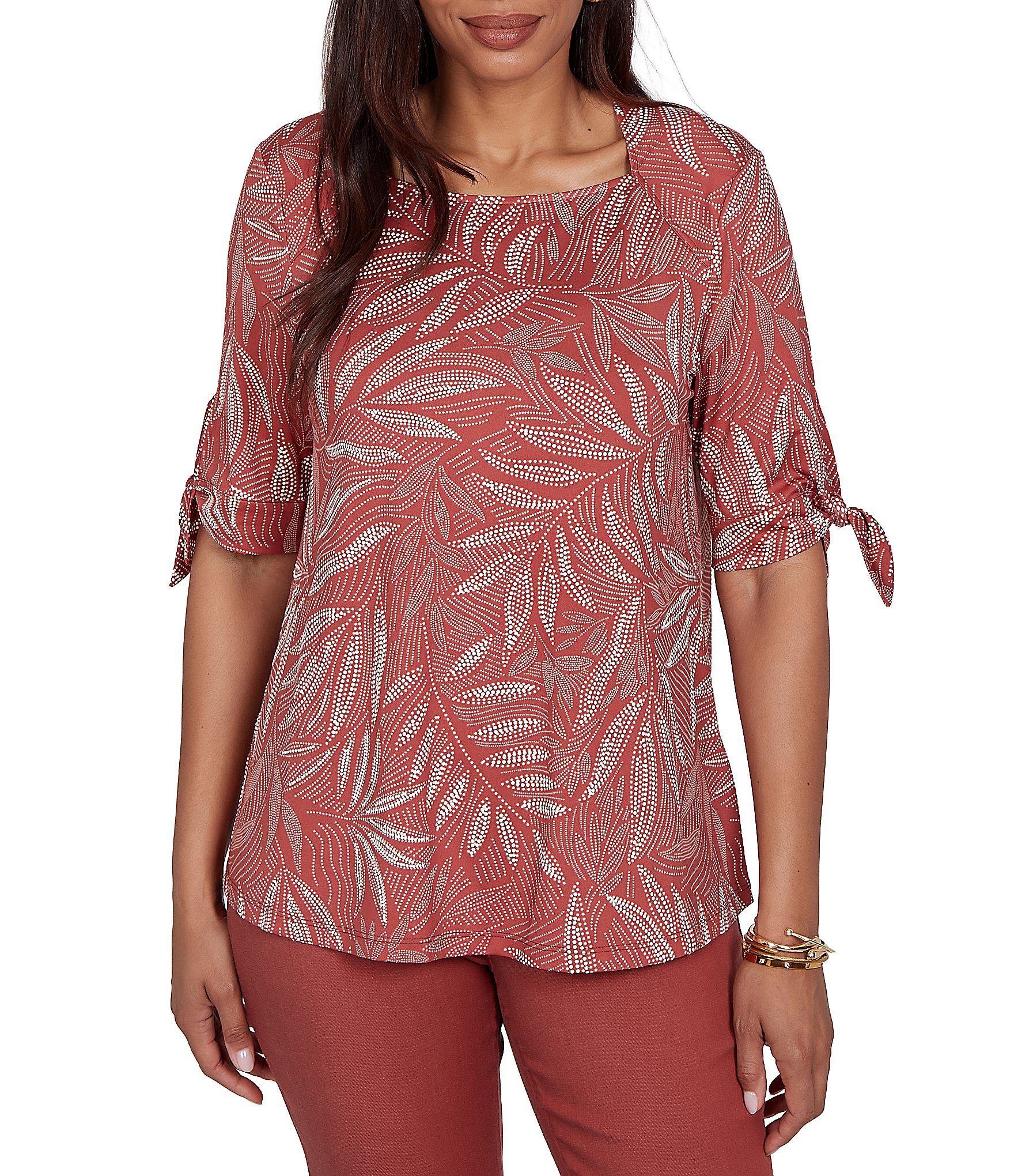 Ruby Rd. Petite Size Leaf Print Square Neck Elbow Tie Sleeve Top