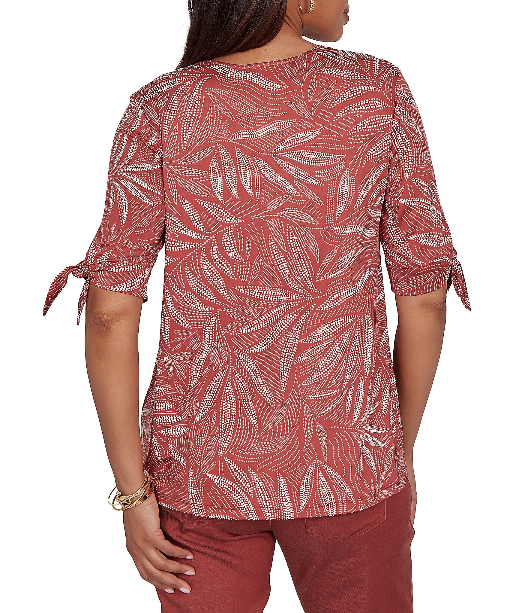Ruby Rd. Petite Size Leaf Print Square Neck Elbow Tie Sleeve Top